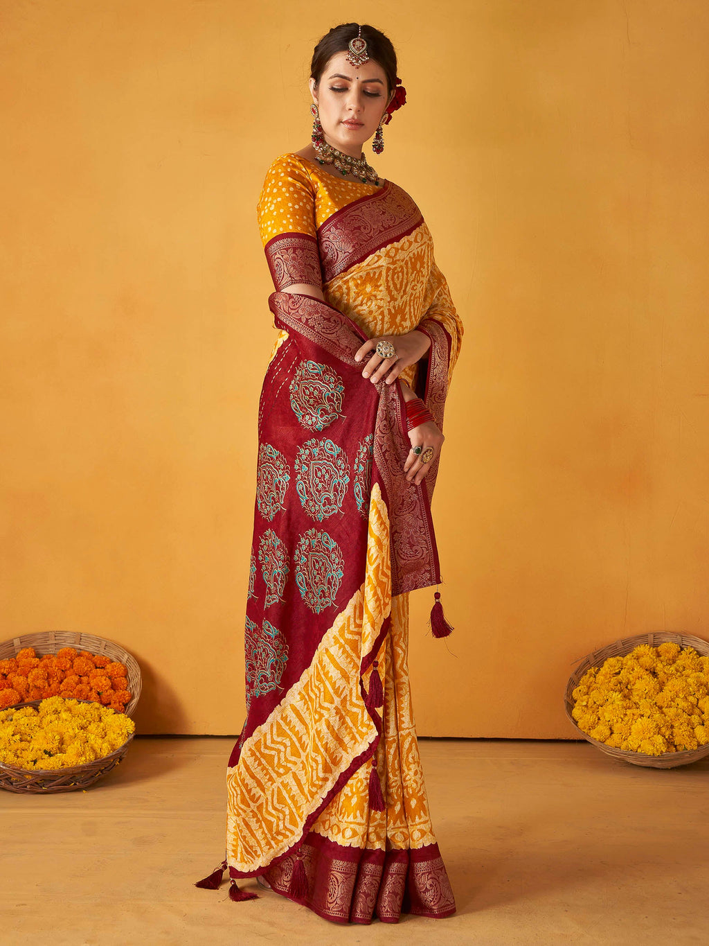 Orange Art Silk Printed Saree