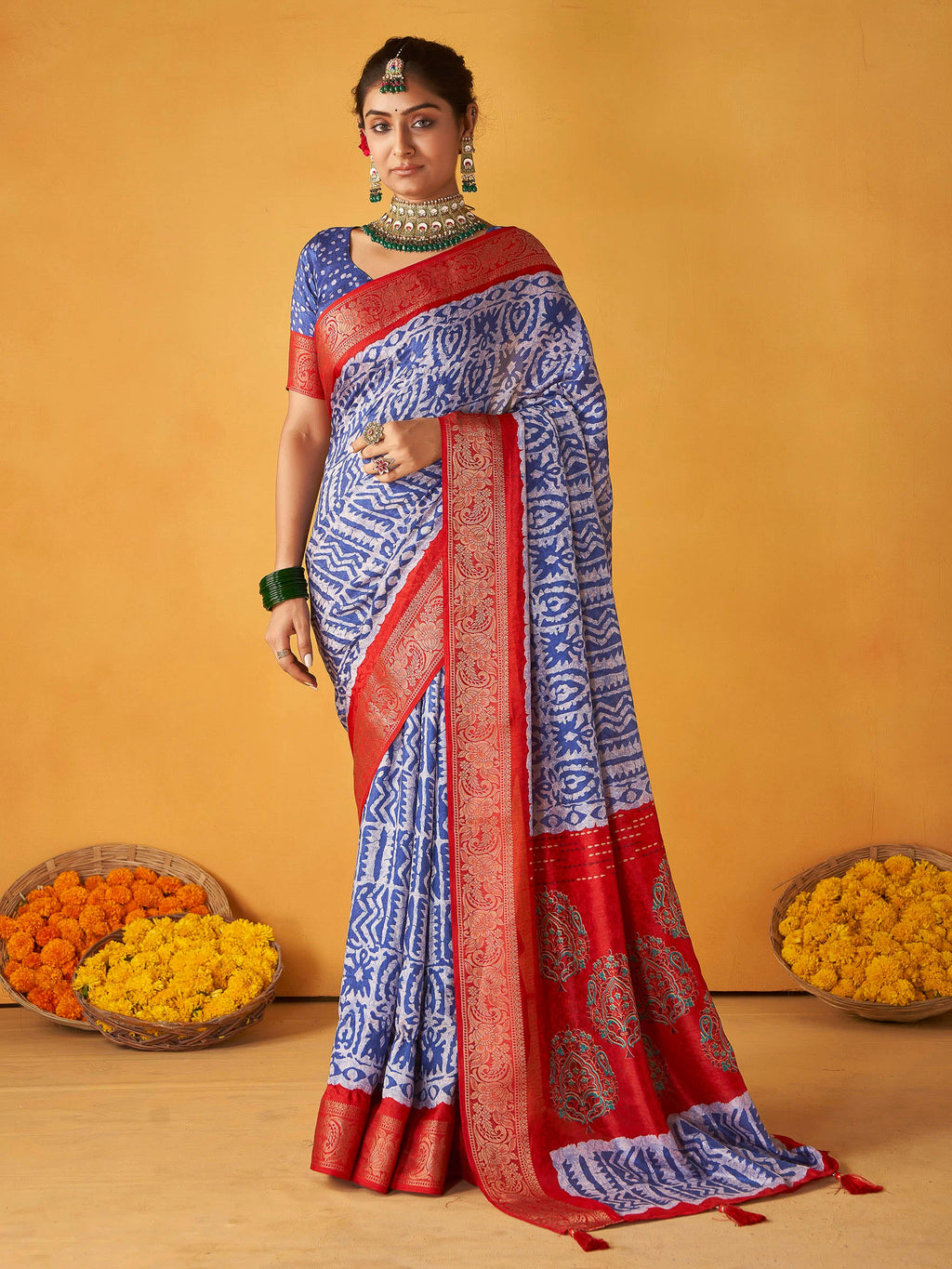Steel Blue-White Art Silk Printed Saree