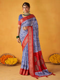 Steel Blue-White Art Silk Printed Saree