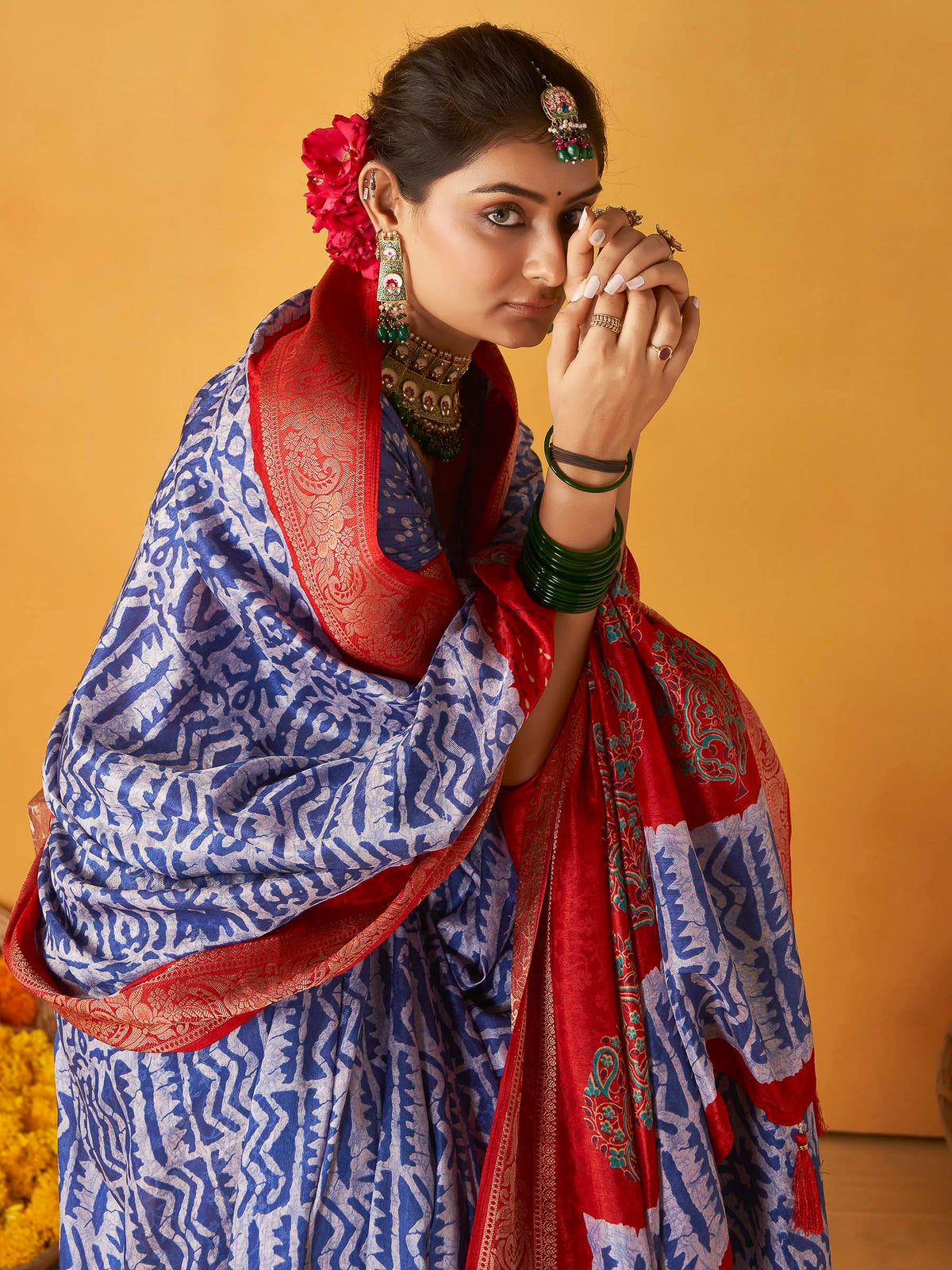 Steel Blue-White Art Silk Printed Saree