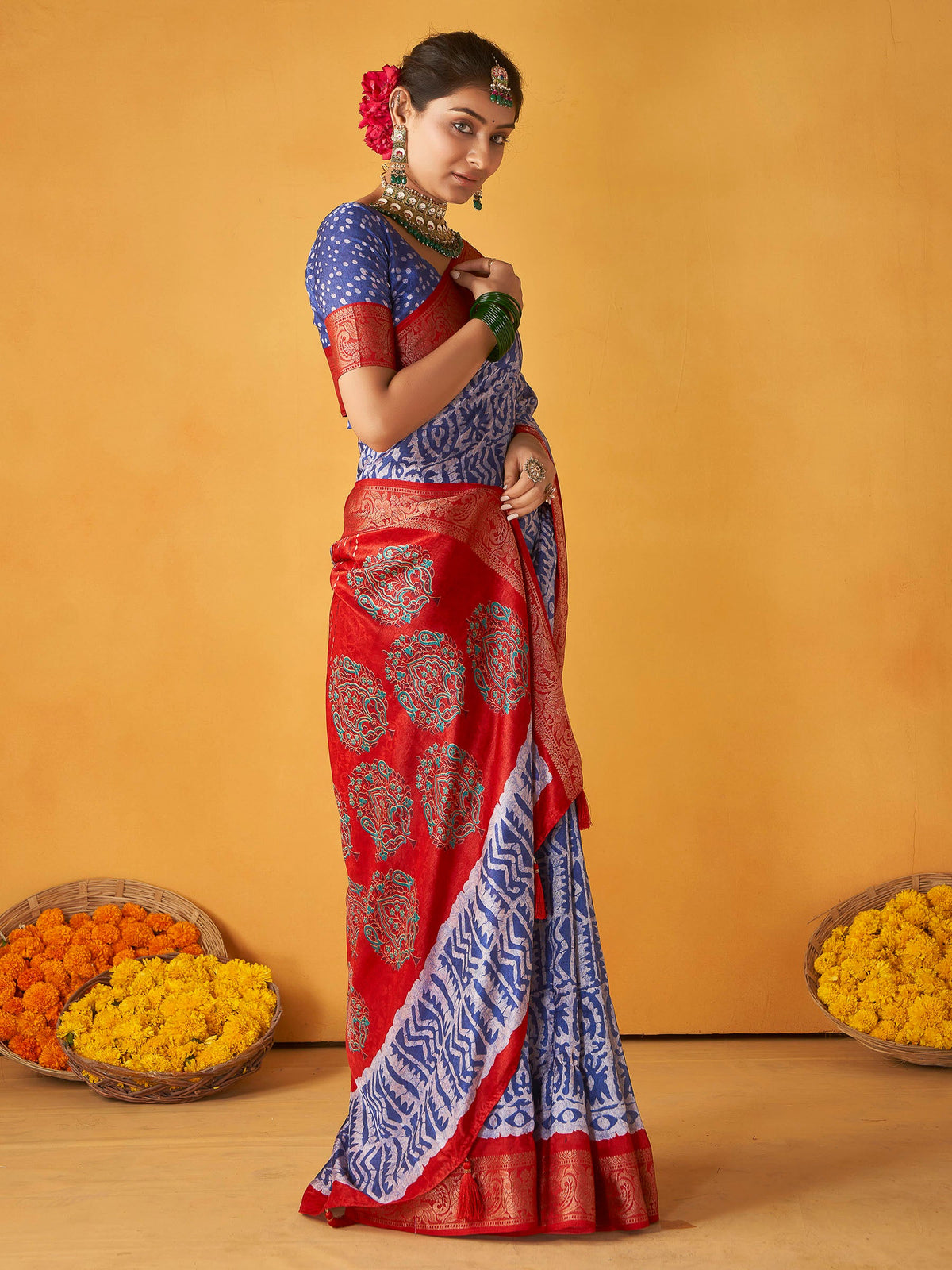 Steel Blue-White Art Silk Printed Saree