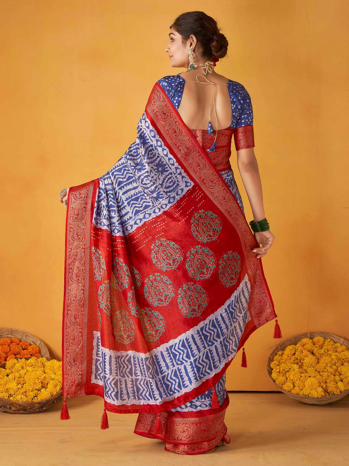 Steel Blue-White Art Silk Printed Saree