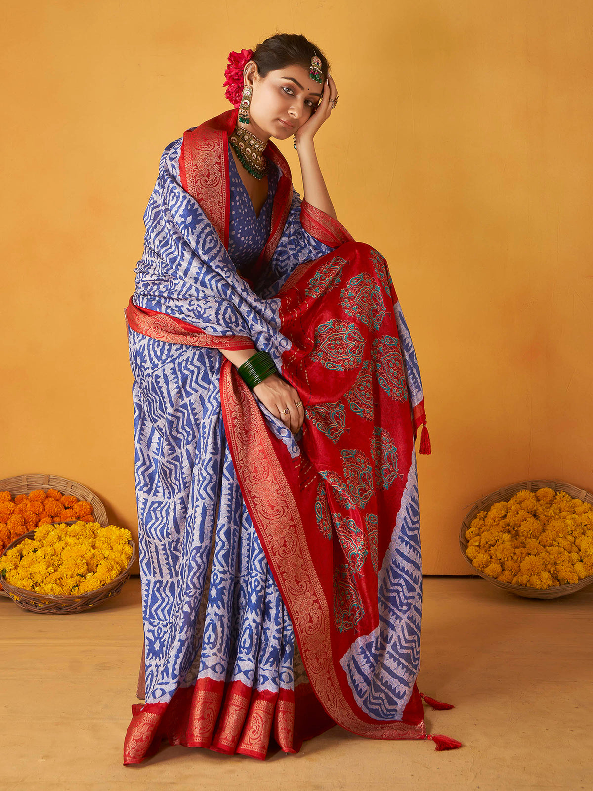 Steel Blue-White Art Silk Printed Saree
