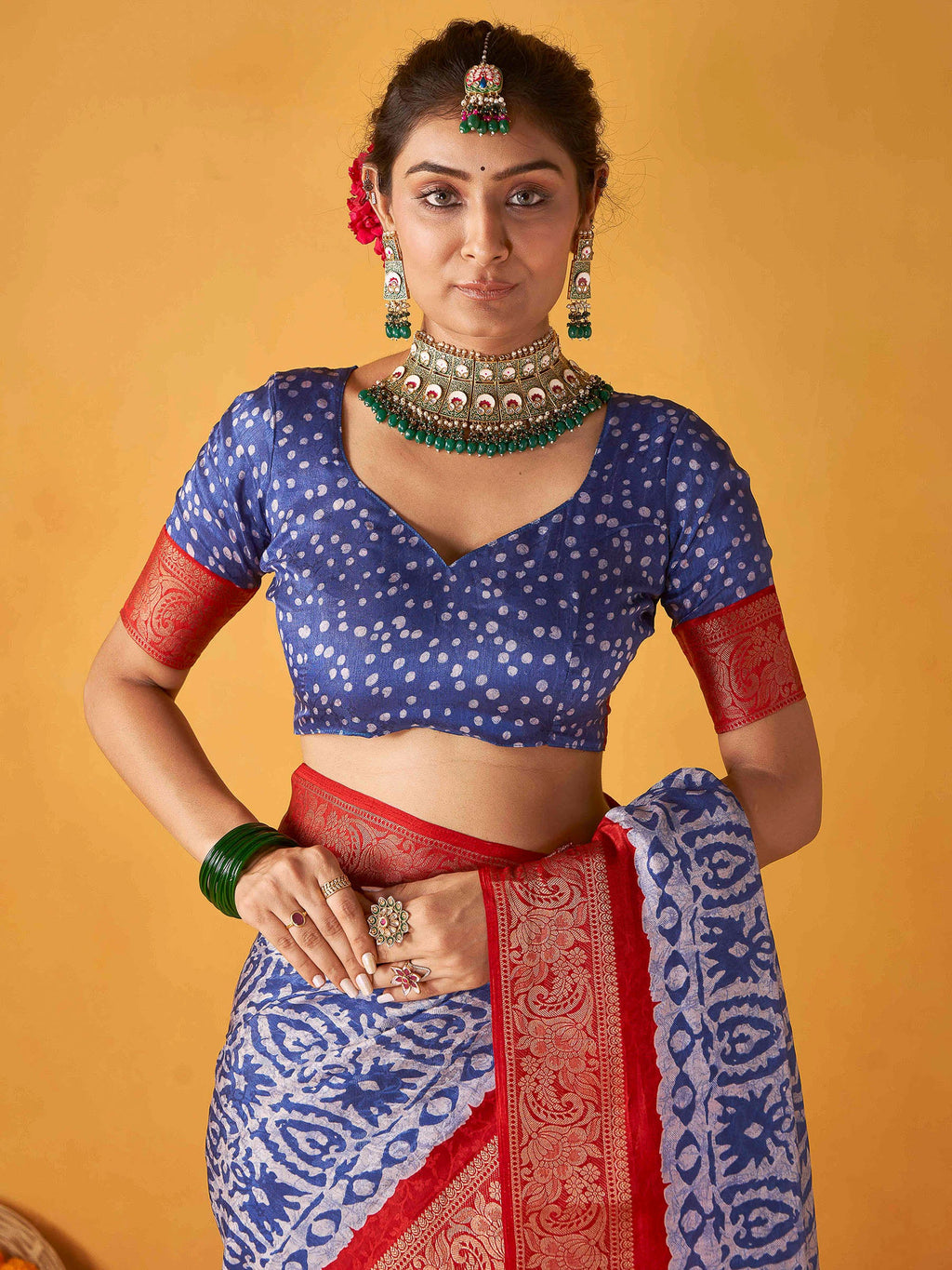Steel Blue-White Art Silk Printed Saree