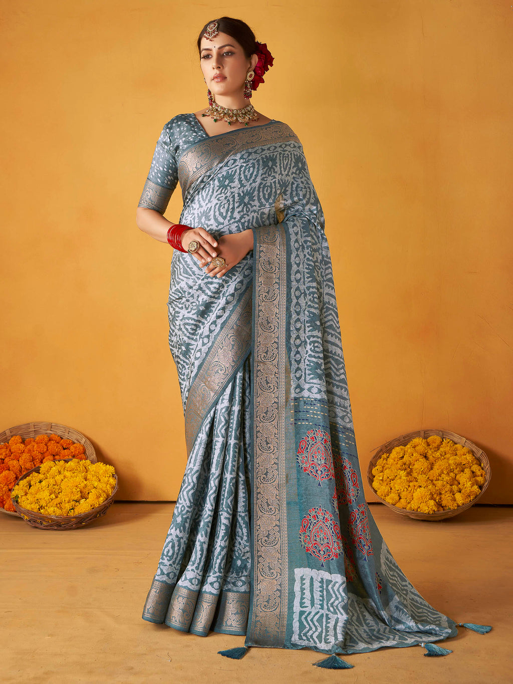 Grey Art Silk Printed Saree