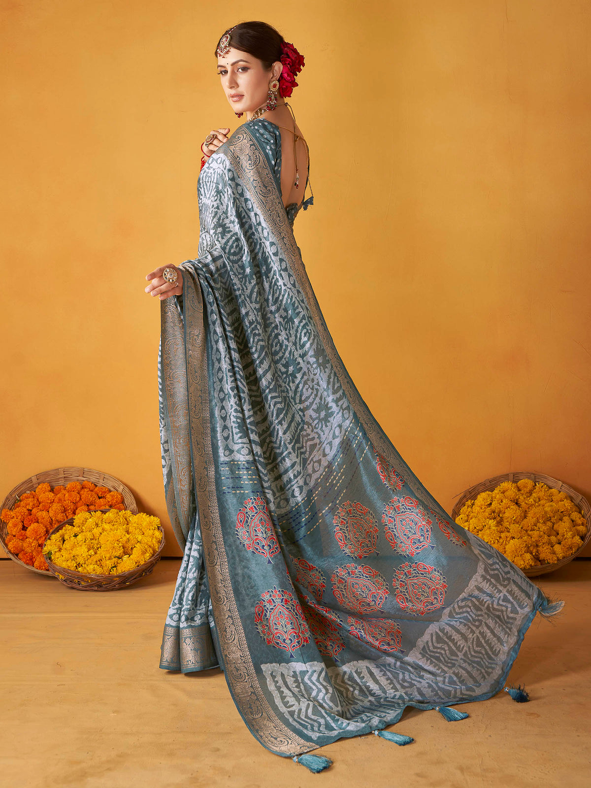 Grey Art Silk Printed Saree