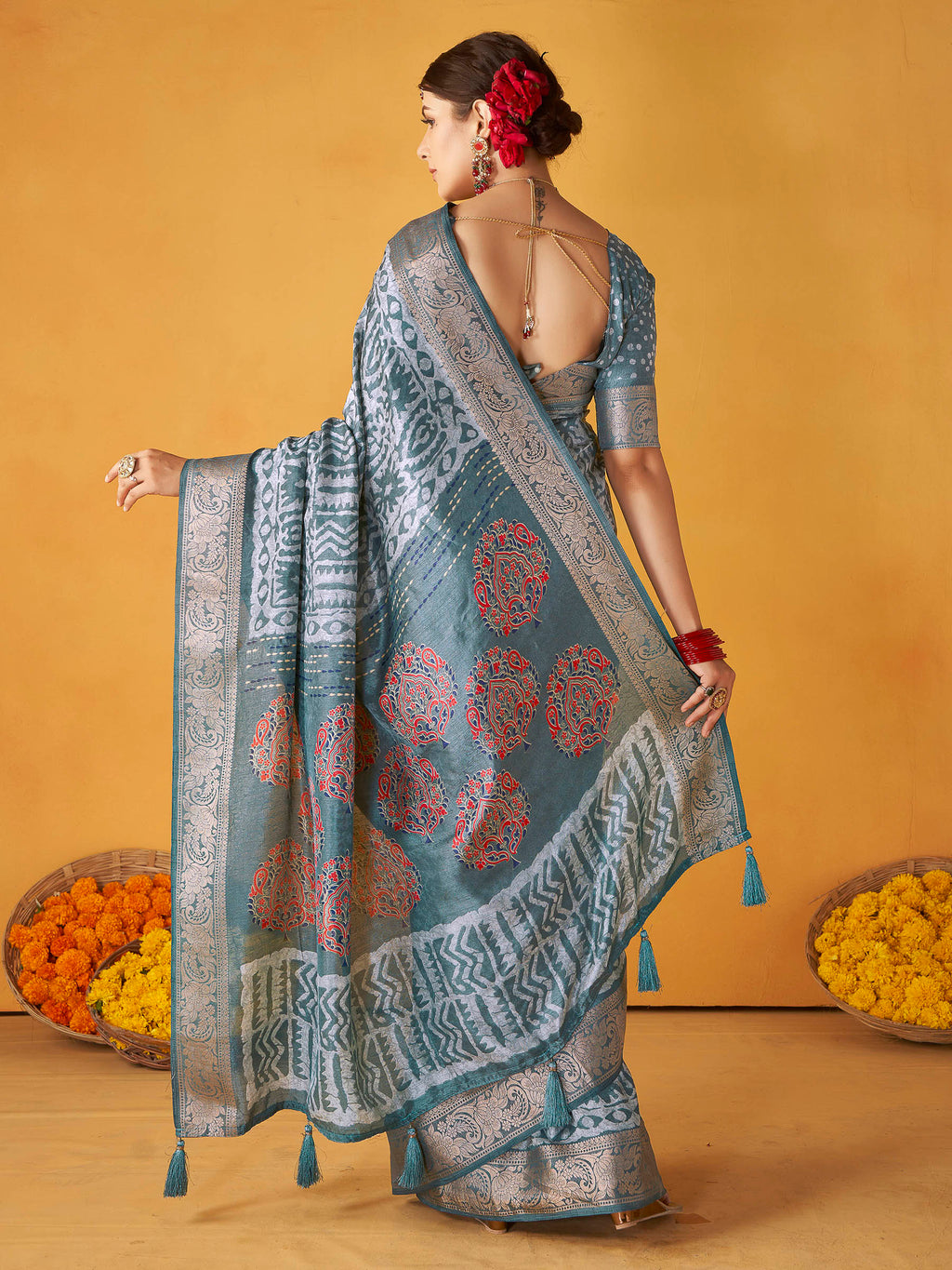 Grey Art Silk Printed Saree