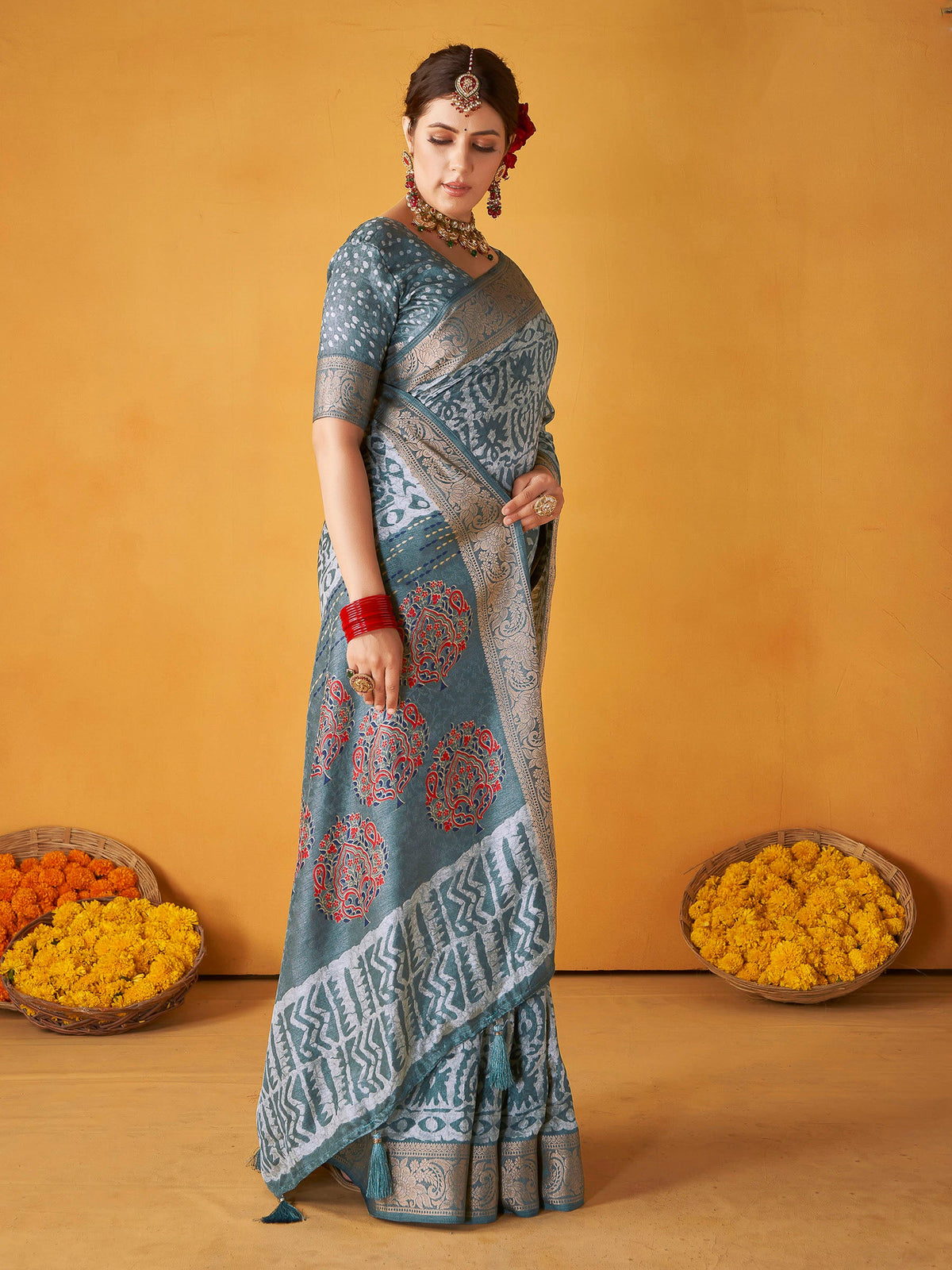 Grey Art Silk Printed Saree
