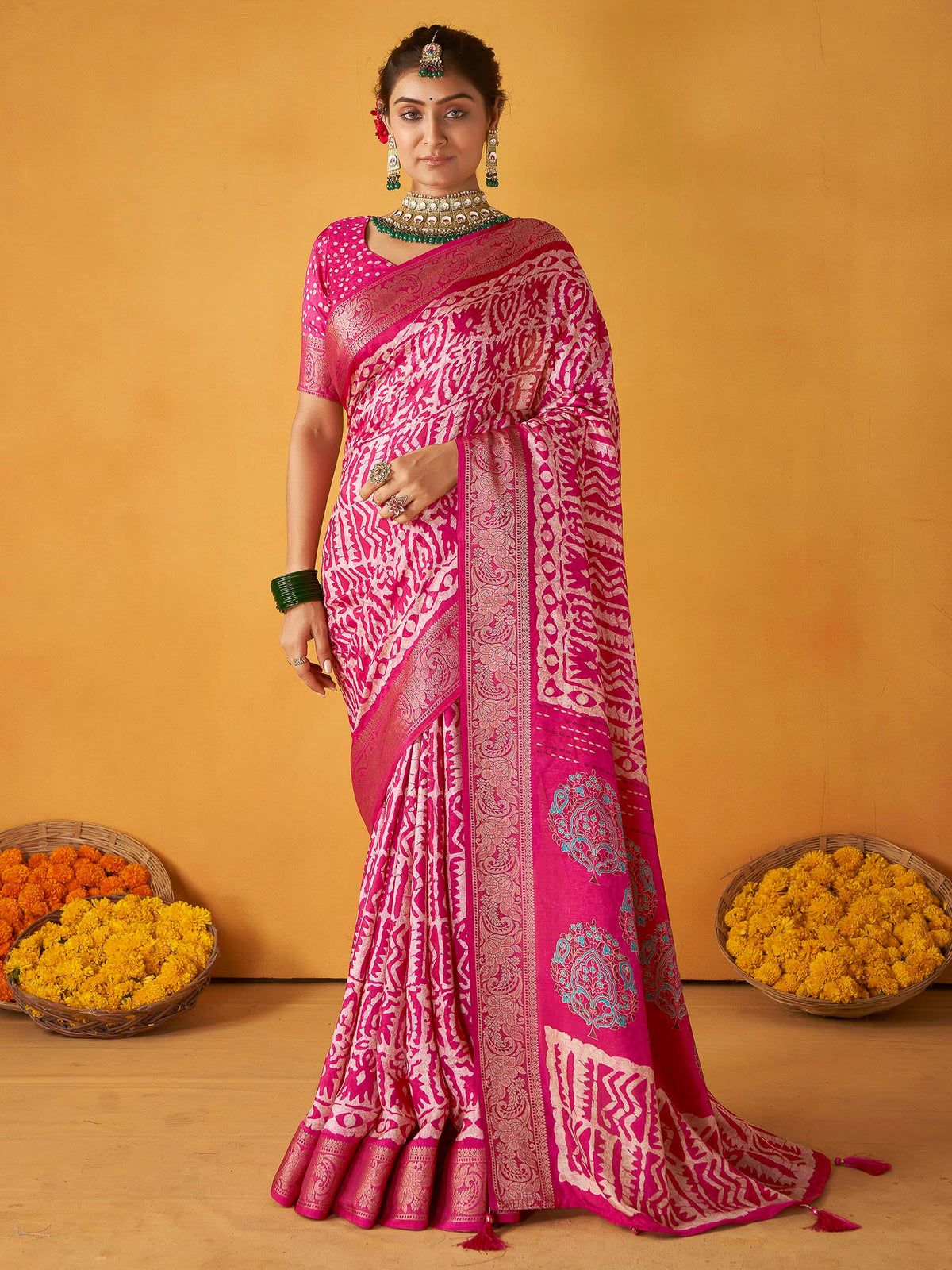 Pink Art Silk Printed Saree