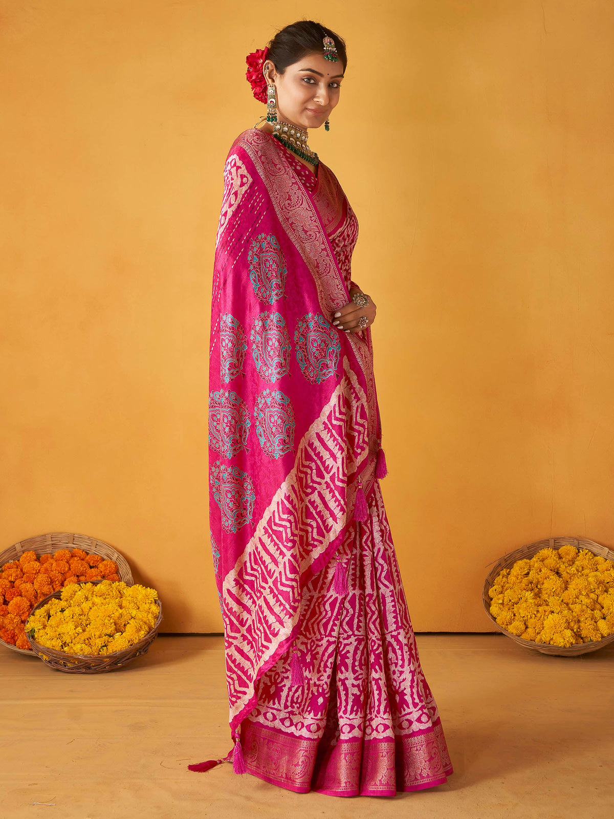Pink Art Silk Printed Saree