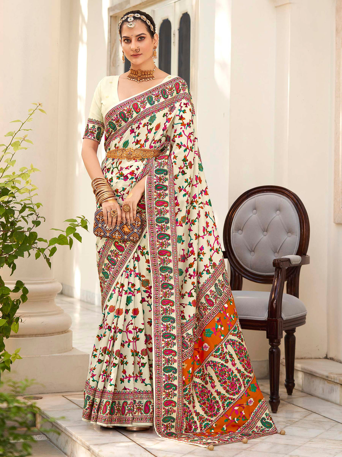 White Pashmina Printed Saree