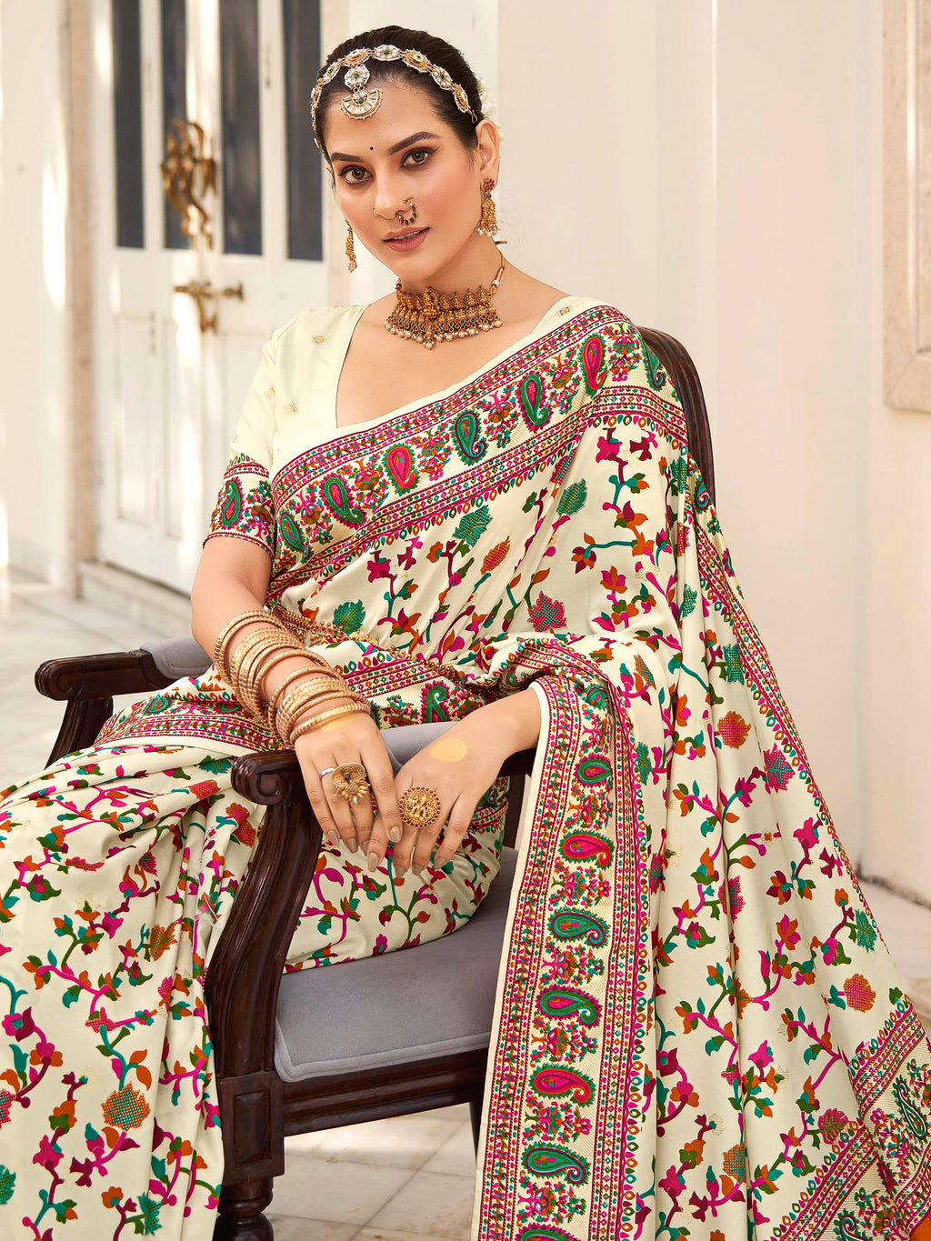 White Pashmina Printed Saree