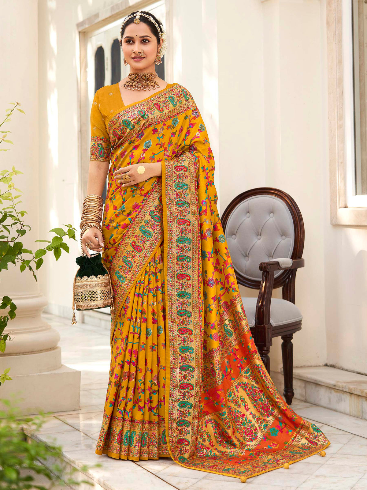 Yellow Pashmina Printed Saree