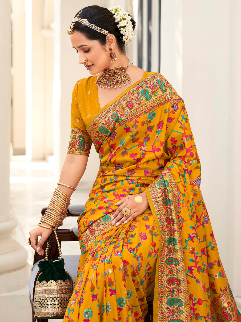 Yellow Pashmina Printed Saree