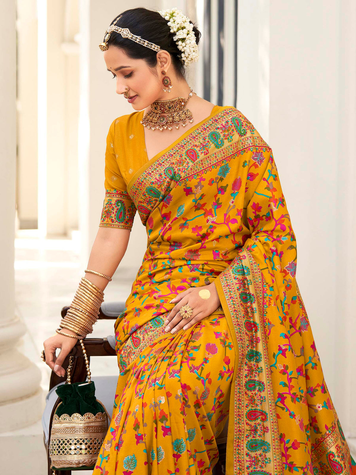 Yellow Pashmina Printed Saree