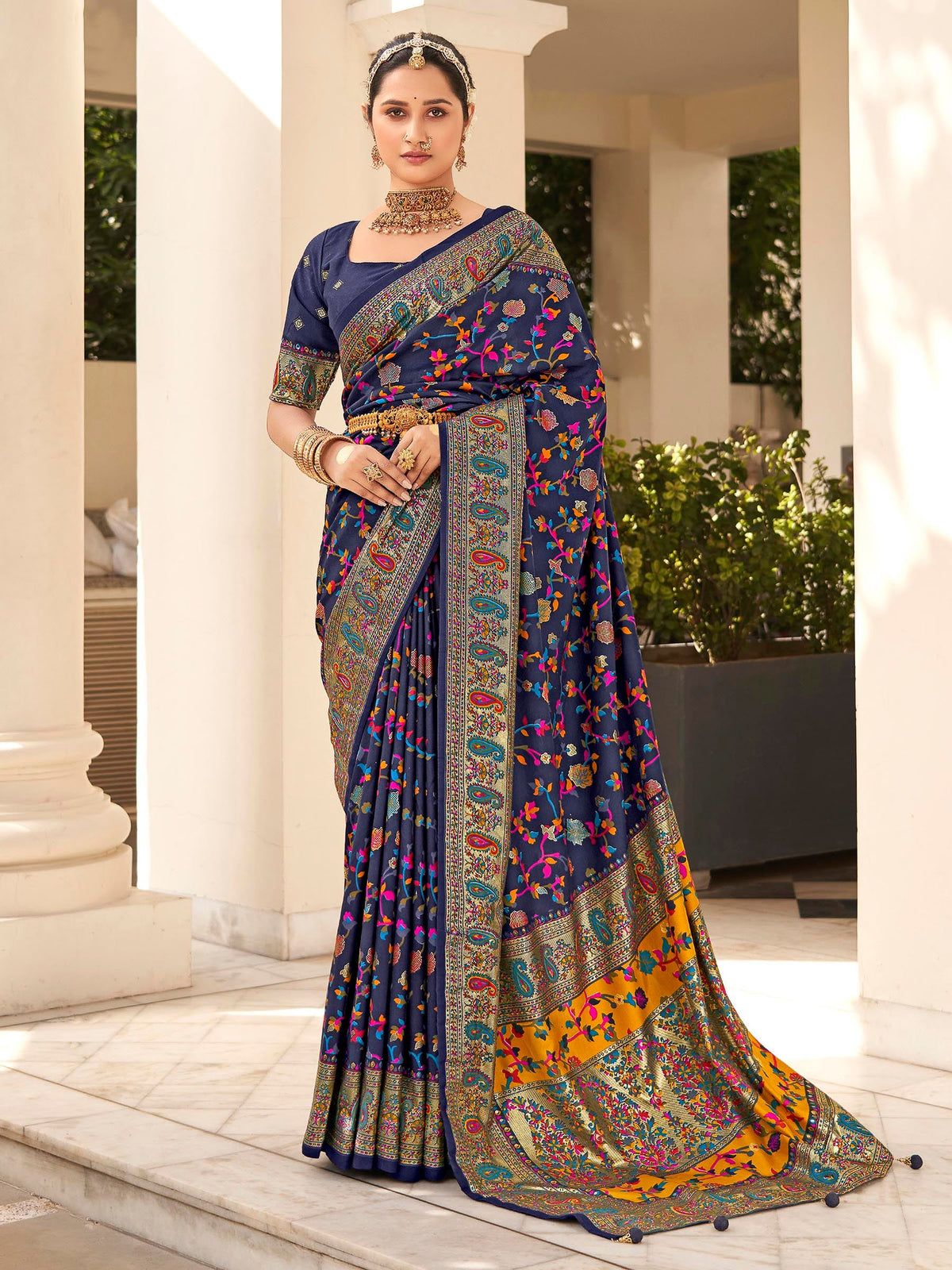 Blue Pashmina Printed Saree