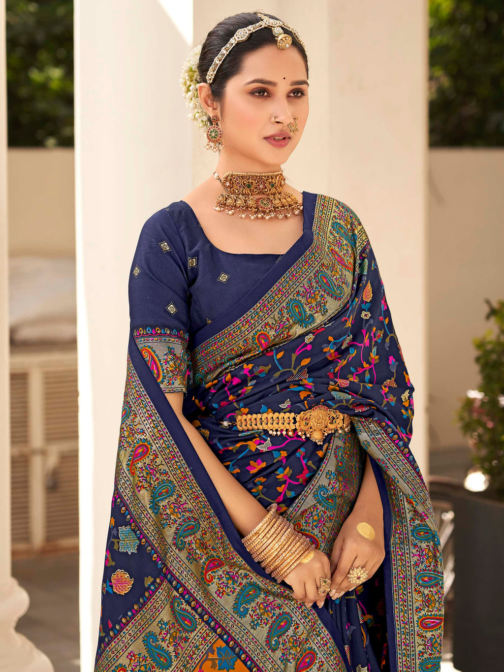 Blue Pashmina Printed Saree