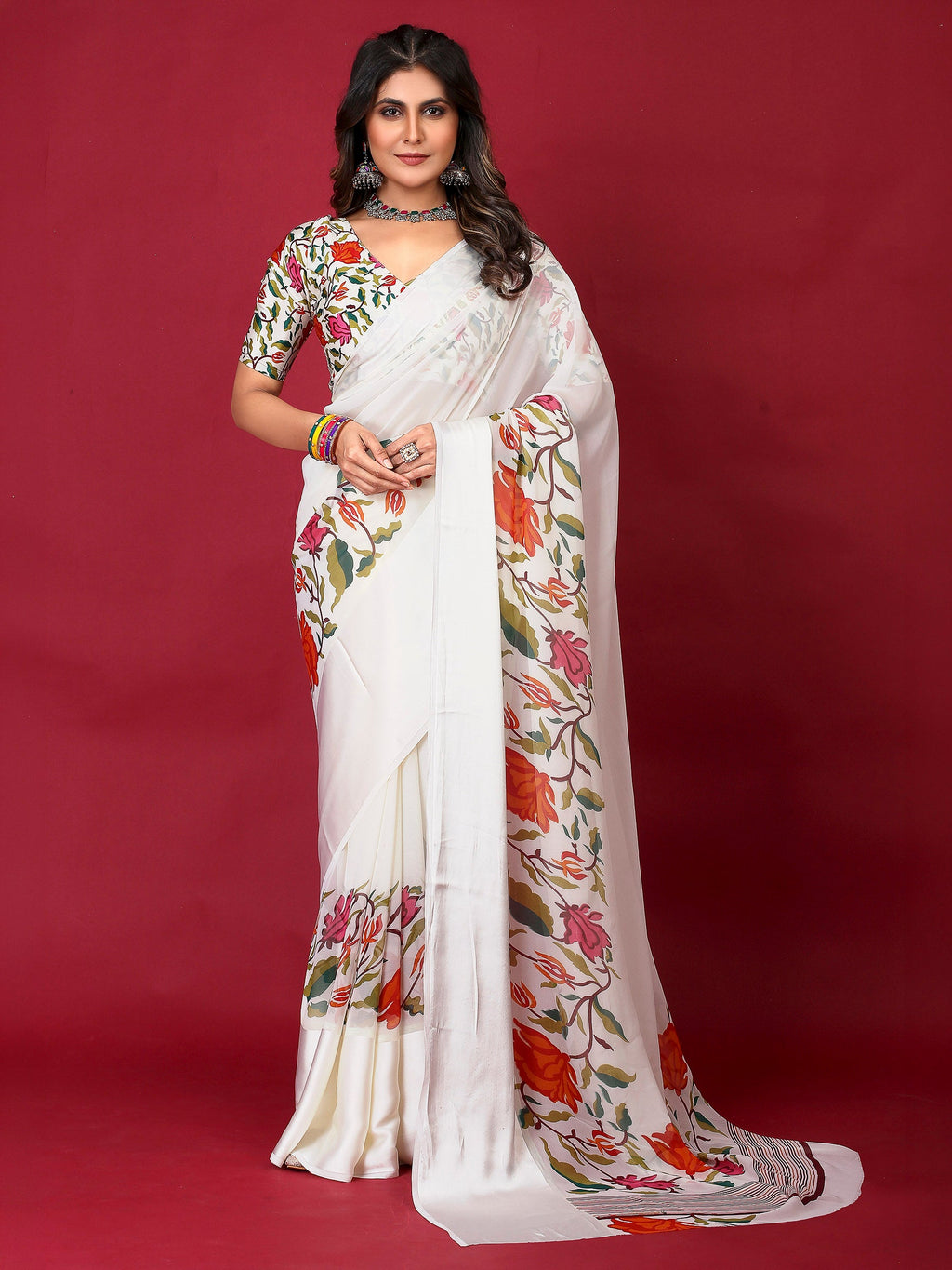 Cream Satin Printed Saree