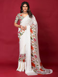 Cream Satin Printed Saree
