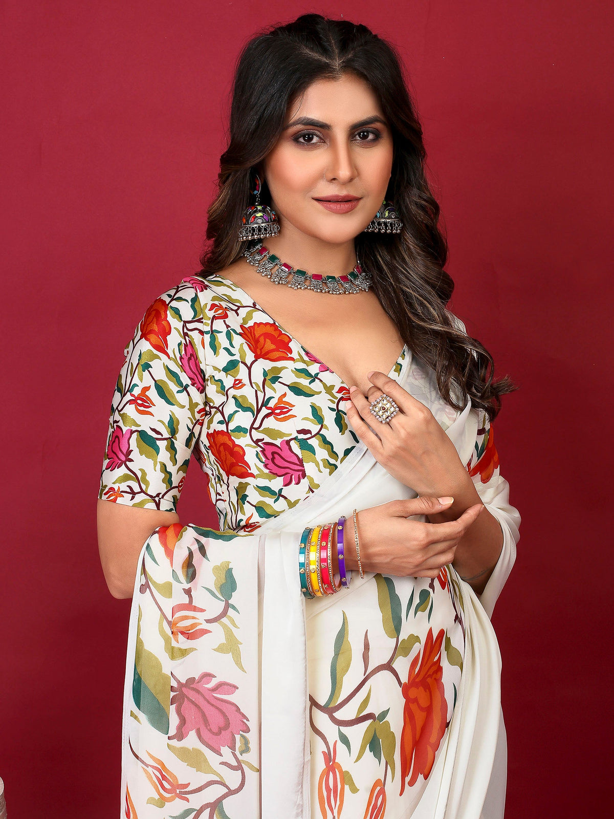 Cream Satin Printed Saree