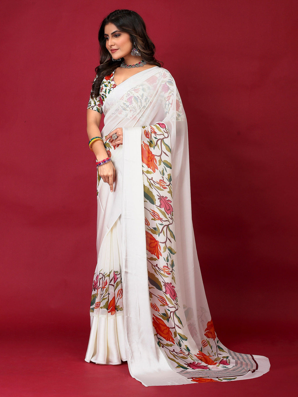 Cream Satin Printed Saree