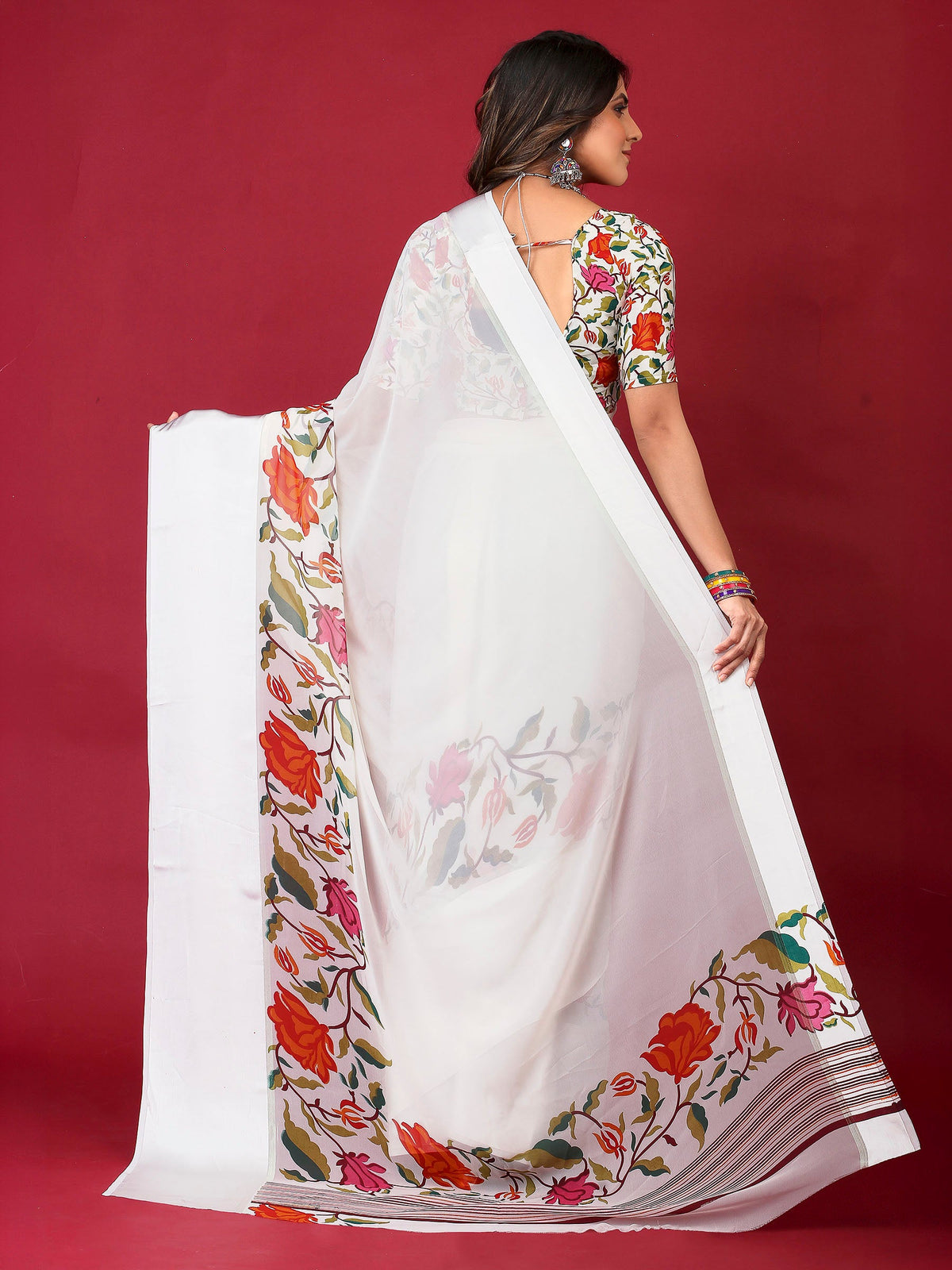 Cream Satin Printed Saree