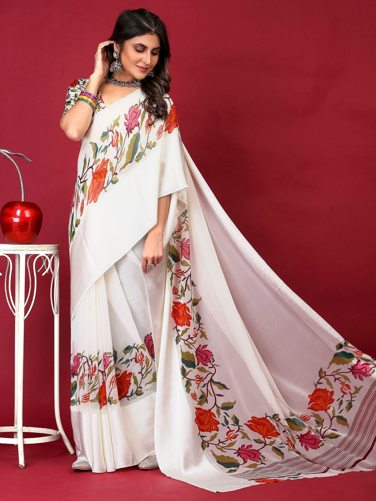 Cream Satin Printed Saree