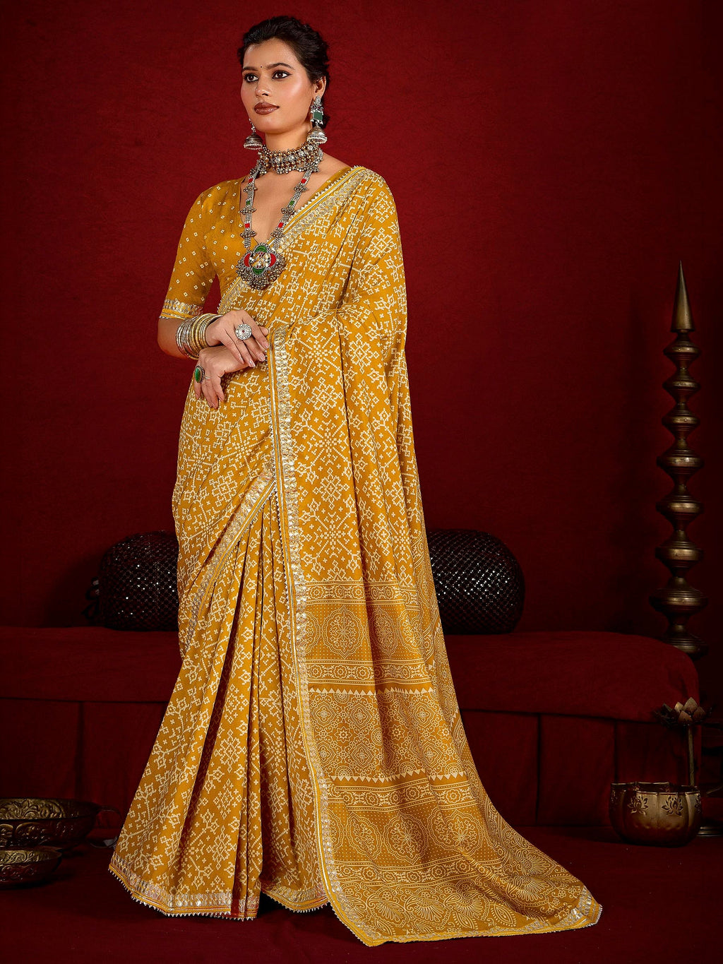 Yellow Dola Silk Printed Saree