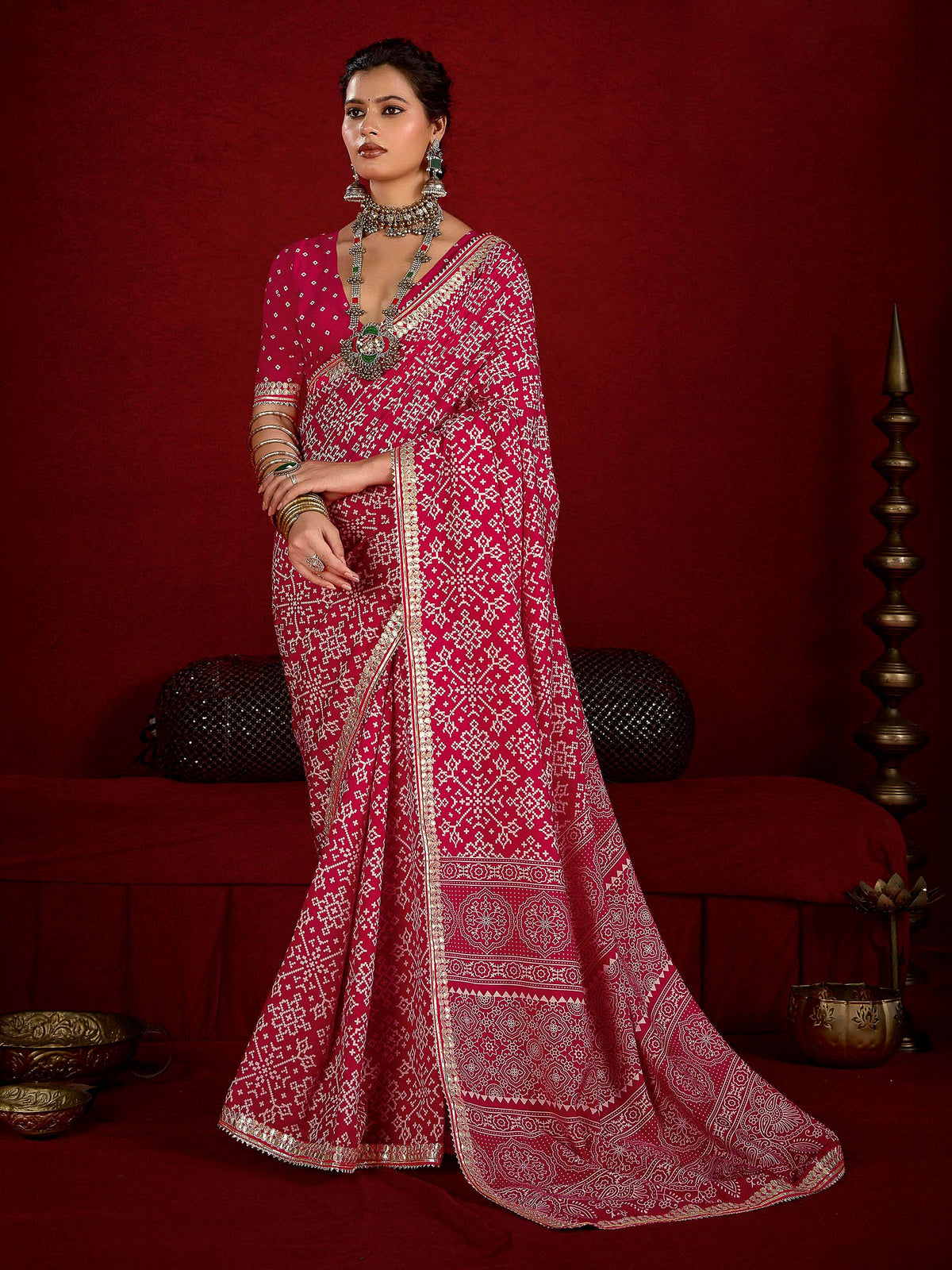 Red Dola Silk Printed Saree
