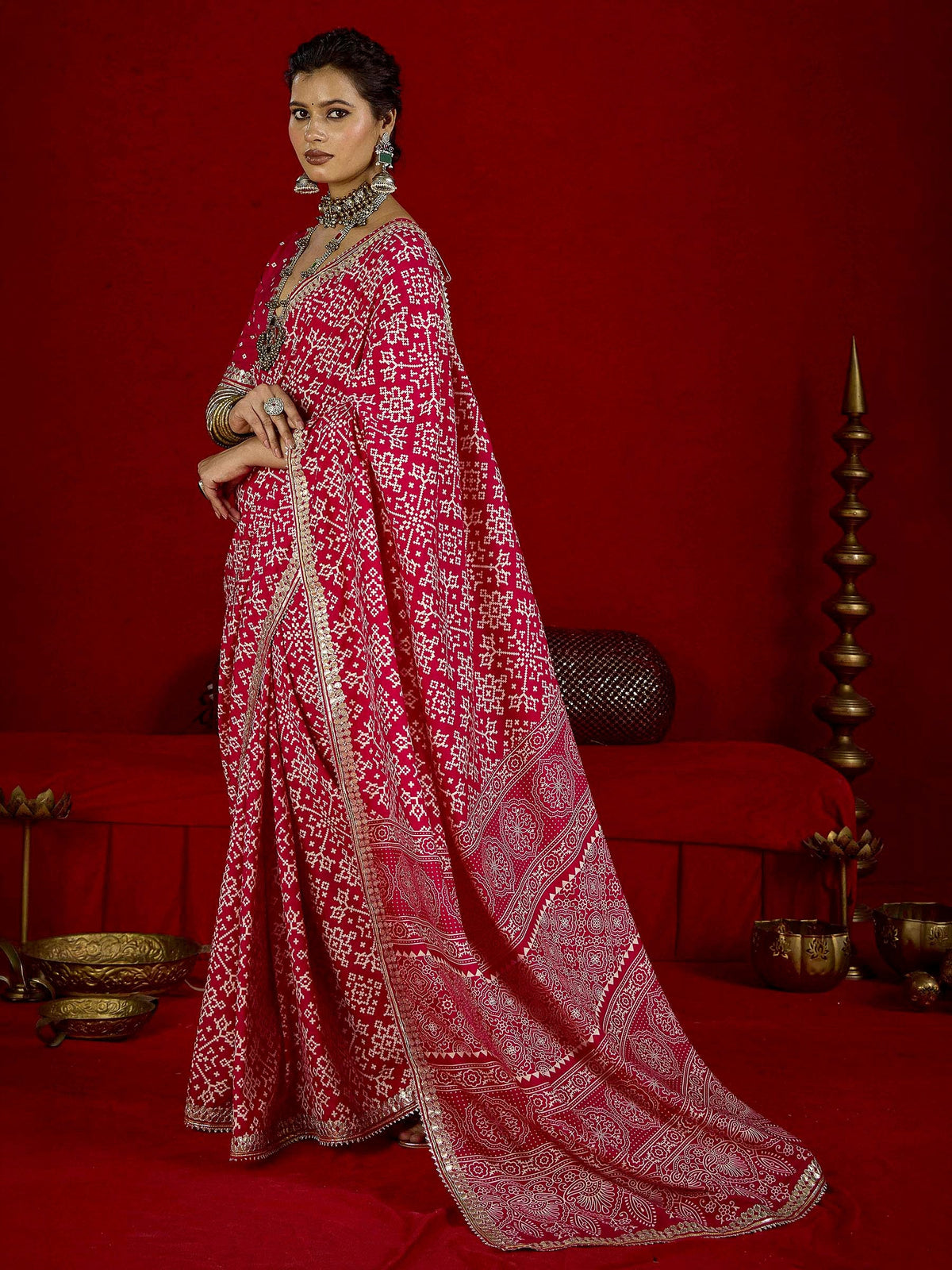 Red Dola Silk Printed Saree