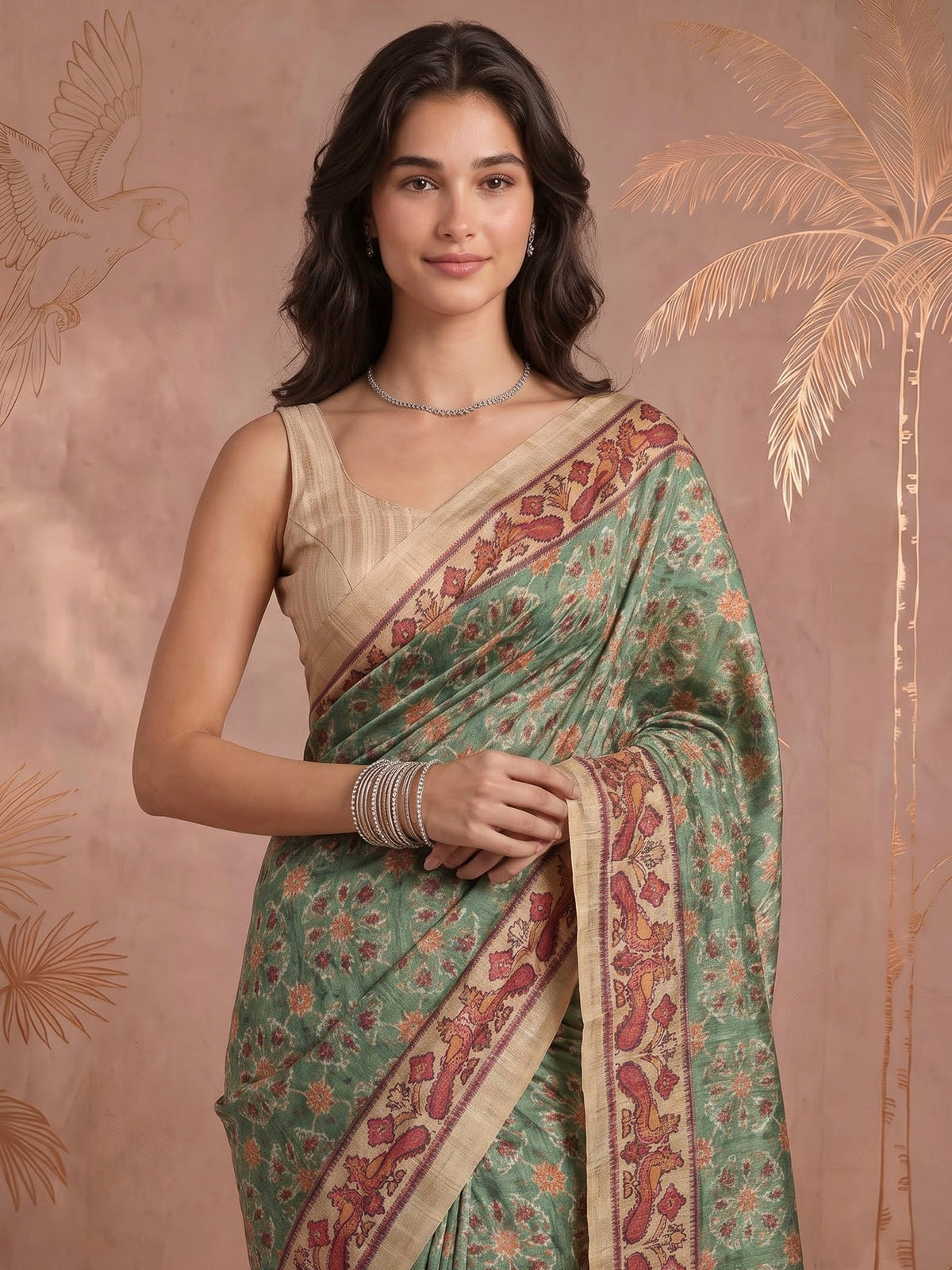 Green Art Silk Printed Sarees