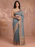 Grey Blue Art Silk Printed Sarees