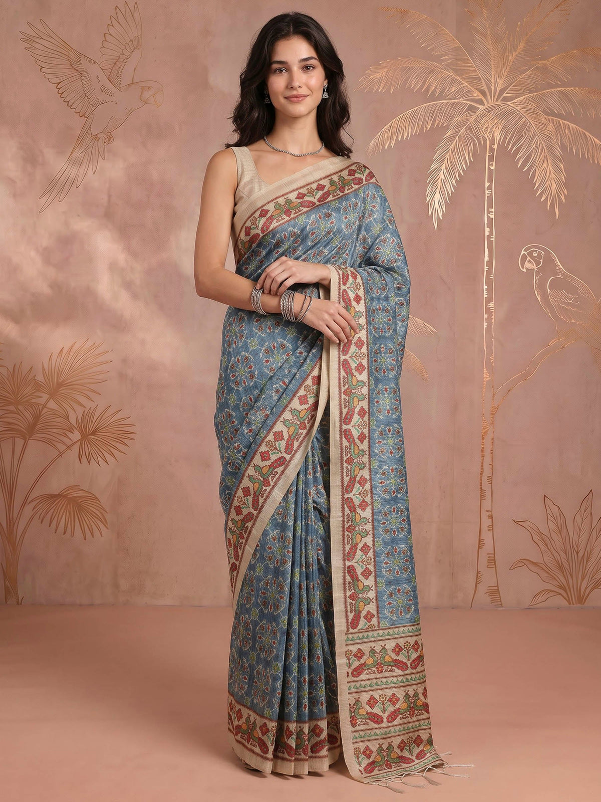 Grey Blue Art Silk Printed Sarees