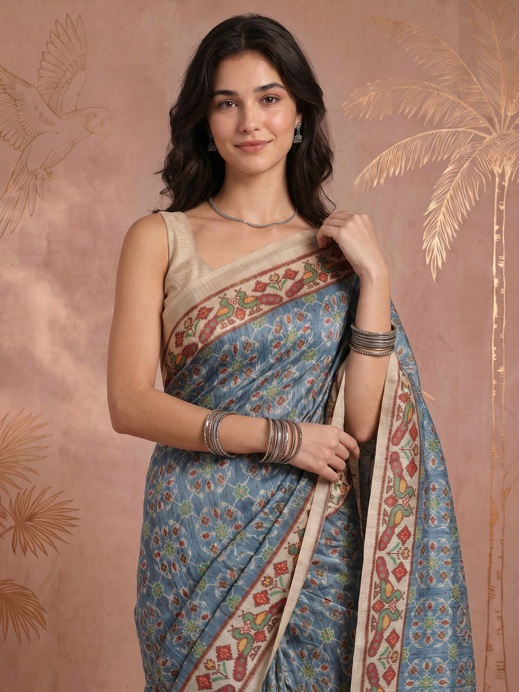 Grey Blue Art Silk Printed Sarees