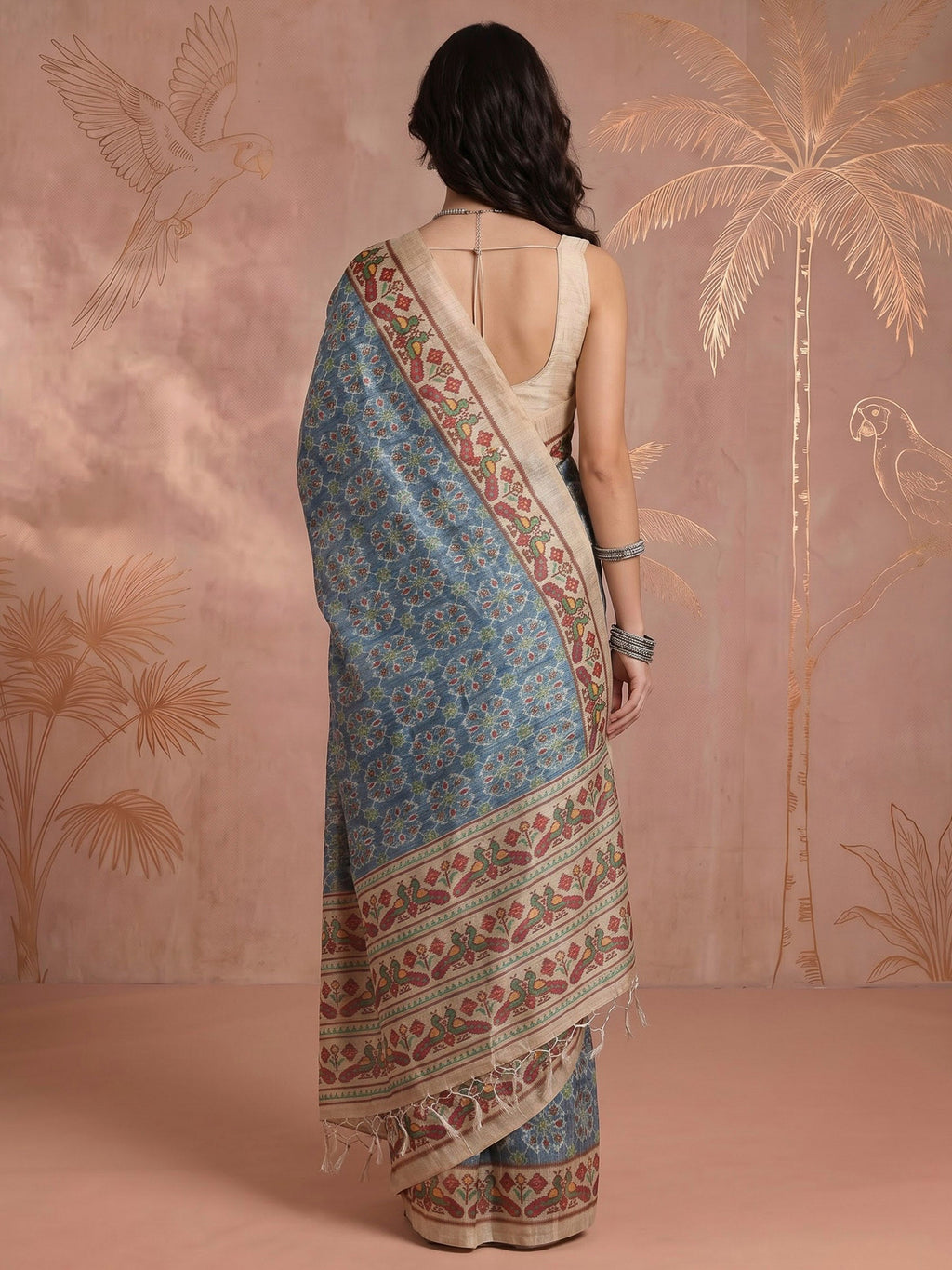 Grey Blue Art Silk Printed Sarees