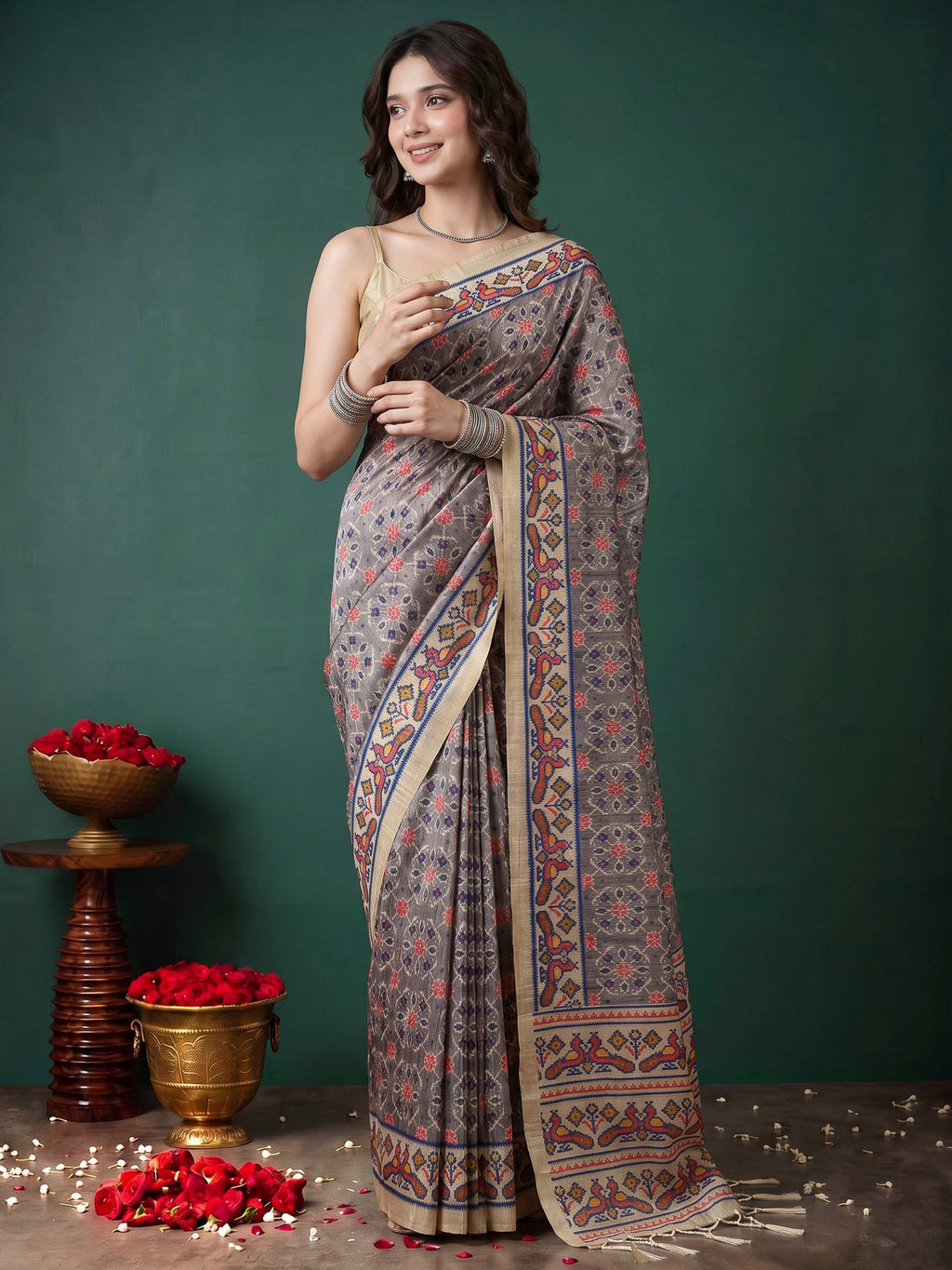 Grey Art Silk Printed Sarees