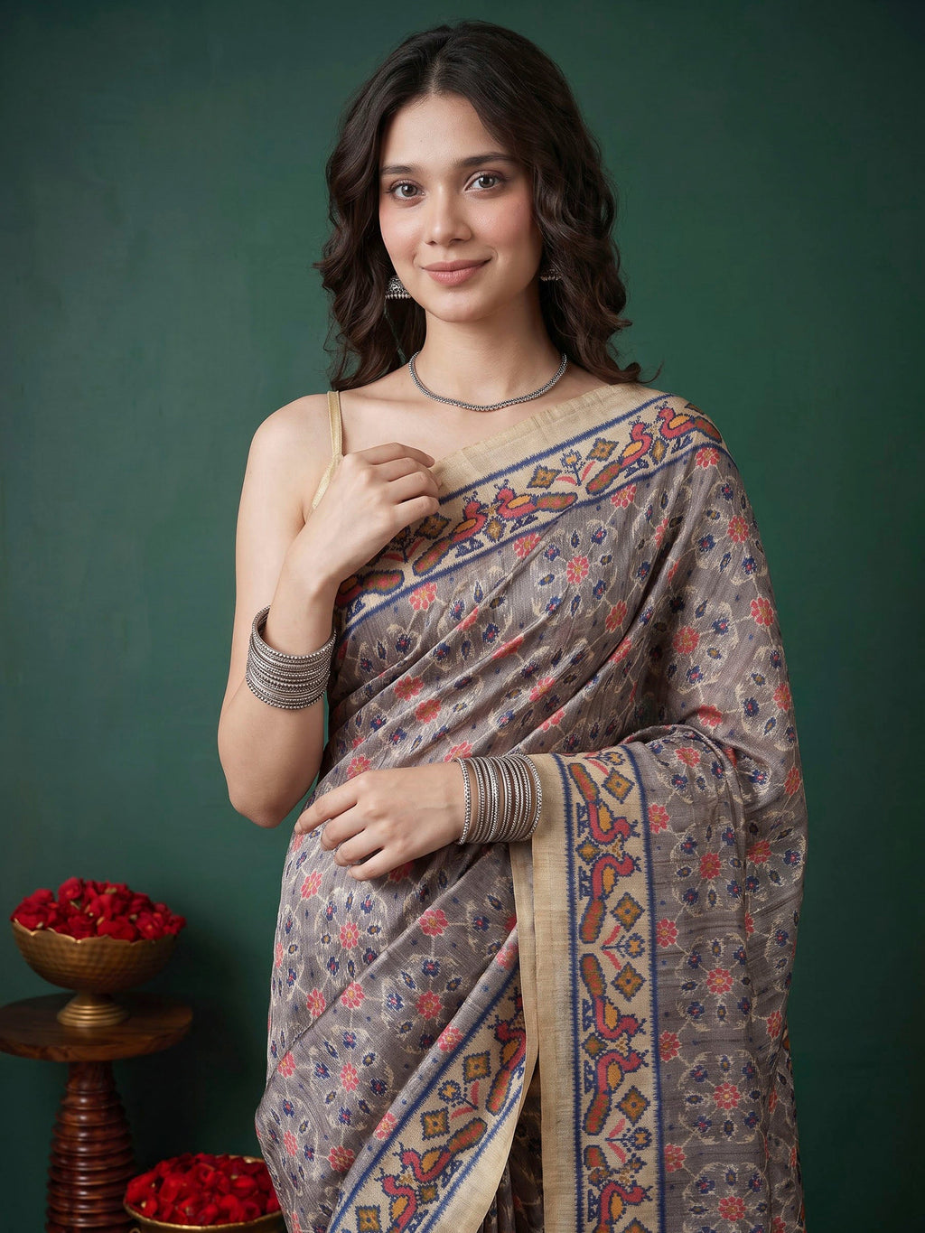 Grey Art Silk Printed Sarees