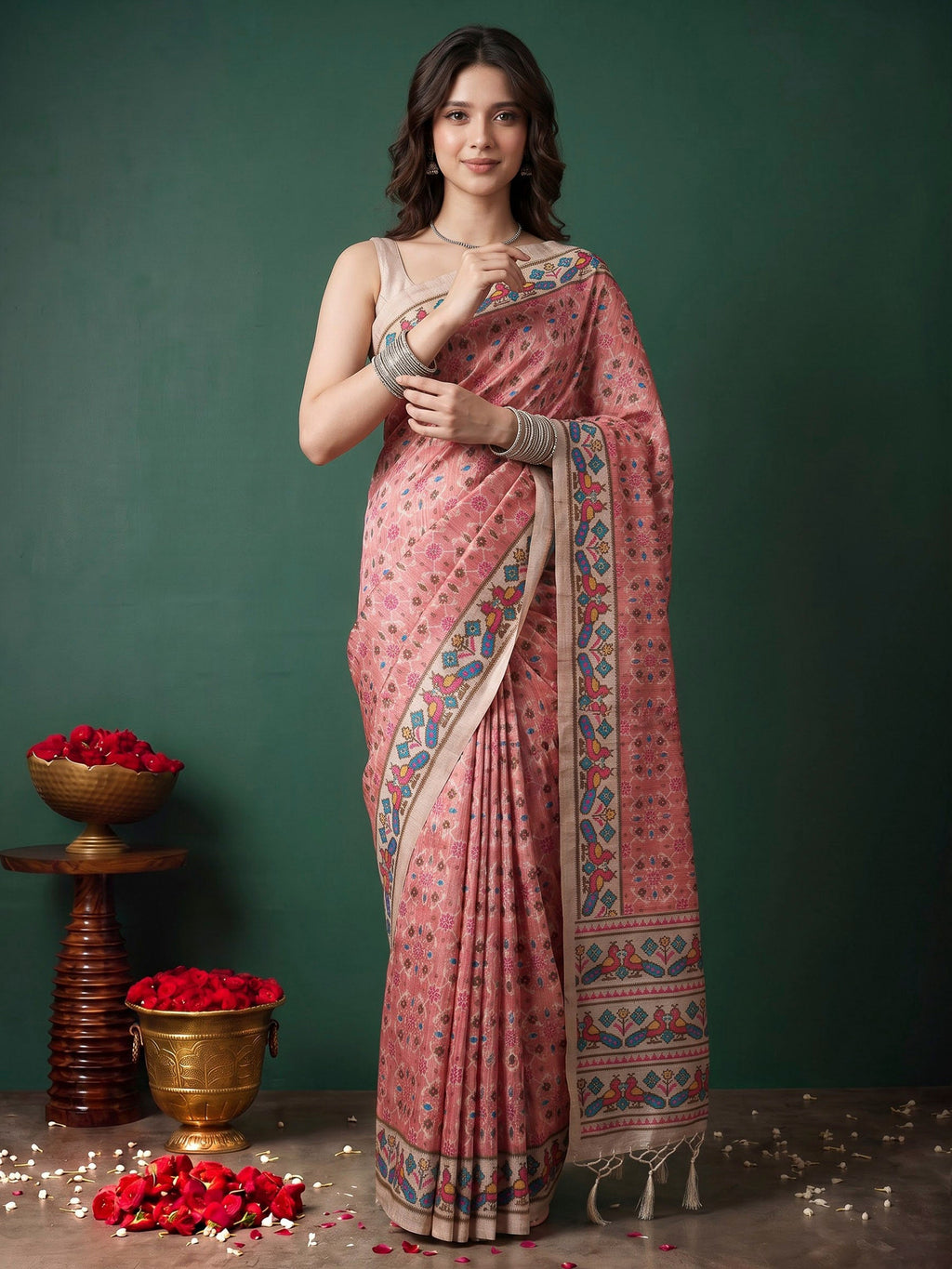 Pink Art Silk Printed Sarees