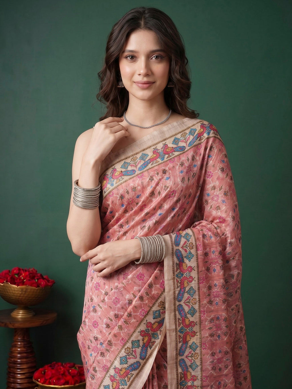 Pink Art Silk Printed Sarees