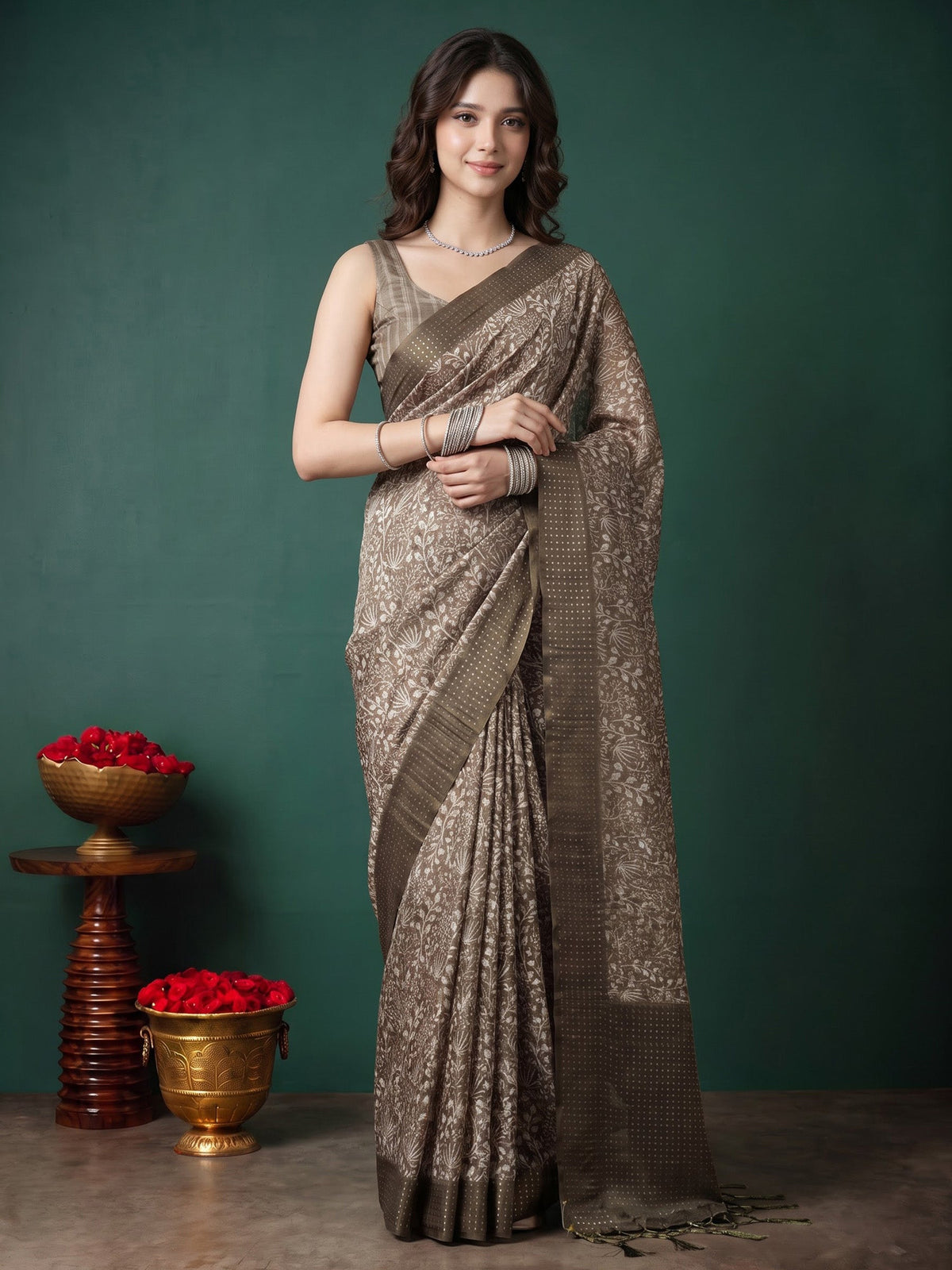 Mehndi Art Silk Printed Saree