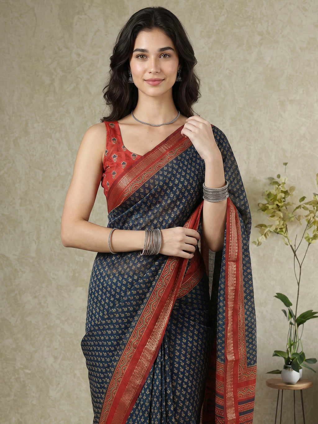 Blue Cotton Blend Printed Saree
