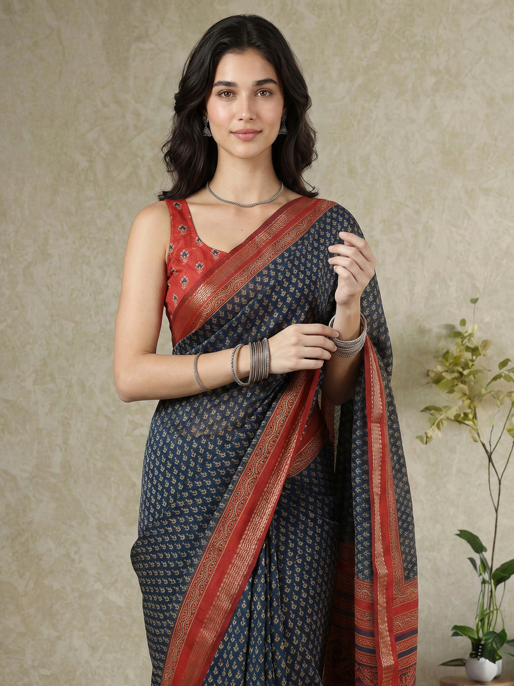 Blue Cotton Blend Printed Saree