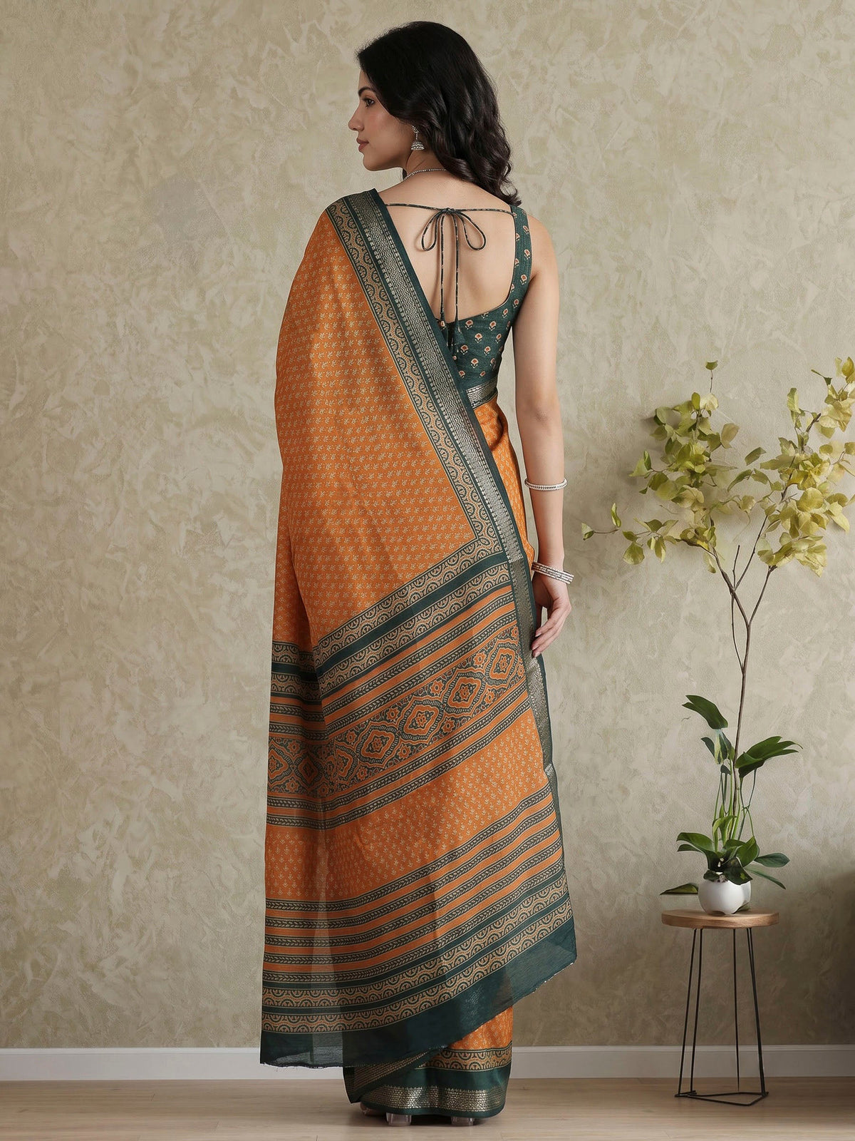 Mustard Cotton Blend Printed Saree