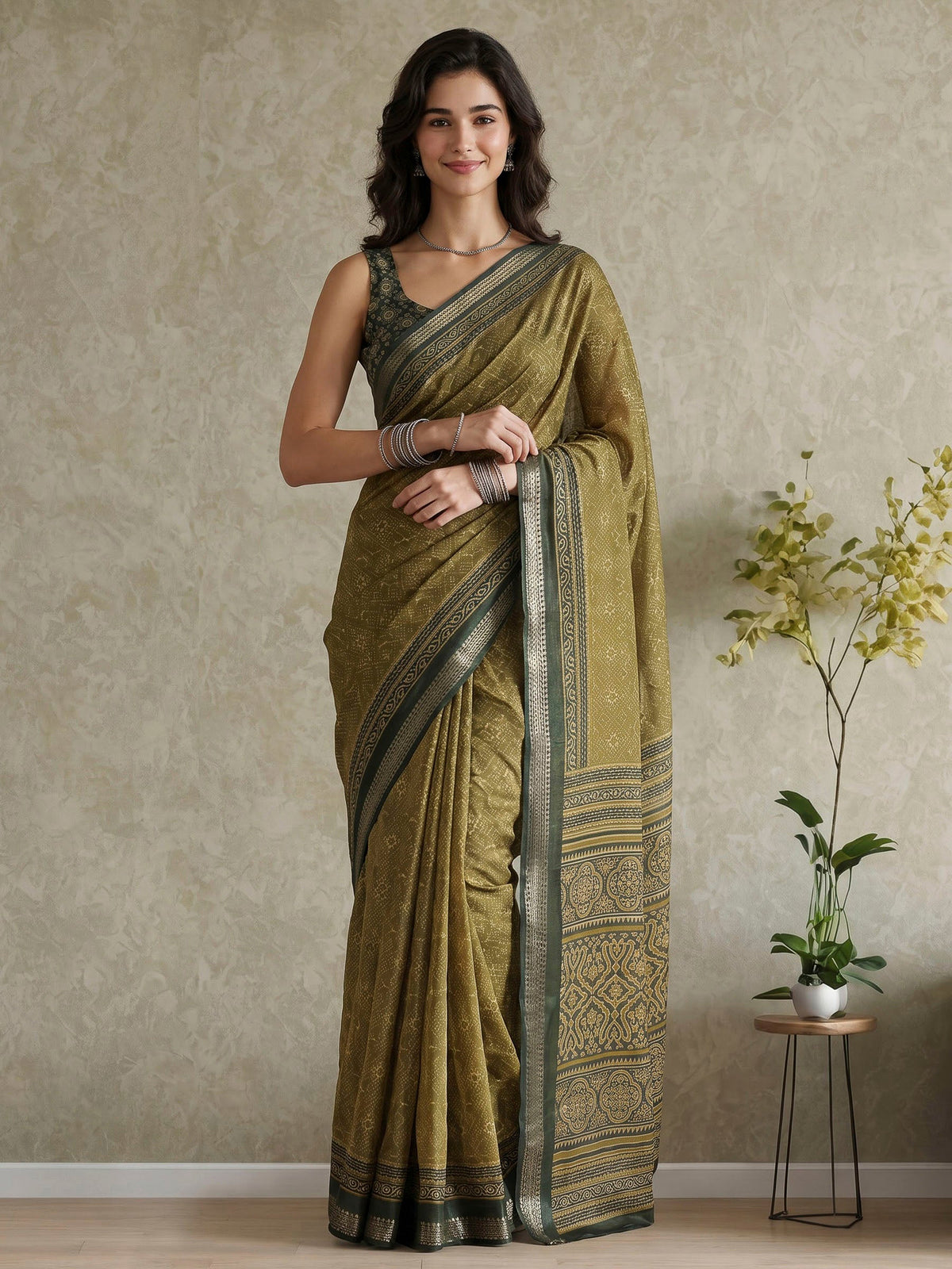 Green Cotton Blend Printed Saree
