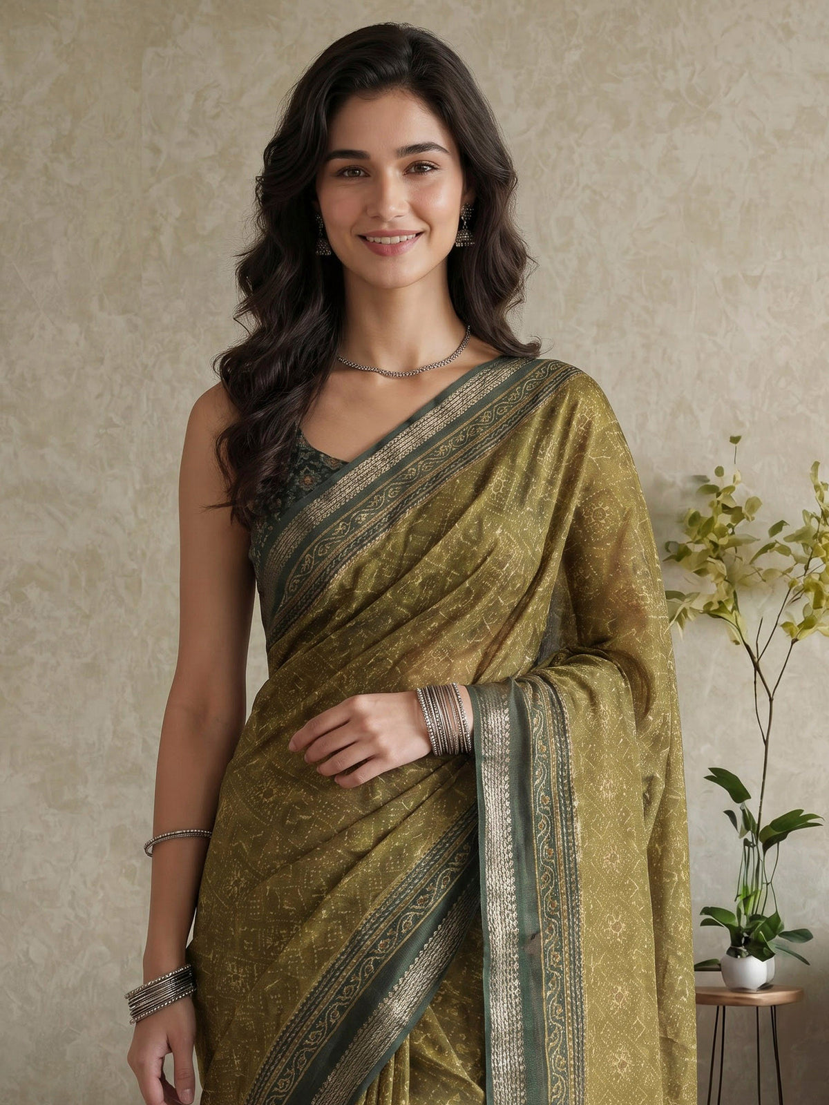 Green Cotton Blend Printed Saree