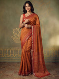 Rust Cotton Blend Printed Saree