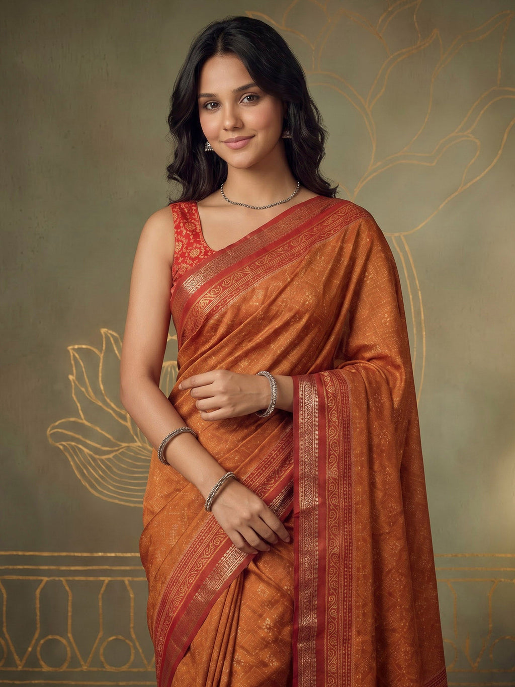 Rust Cotton Blend Printed Saree