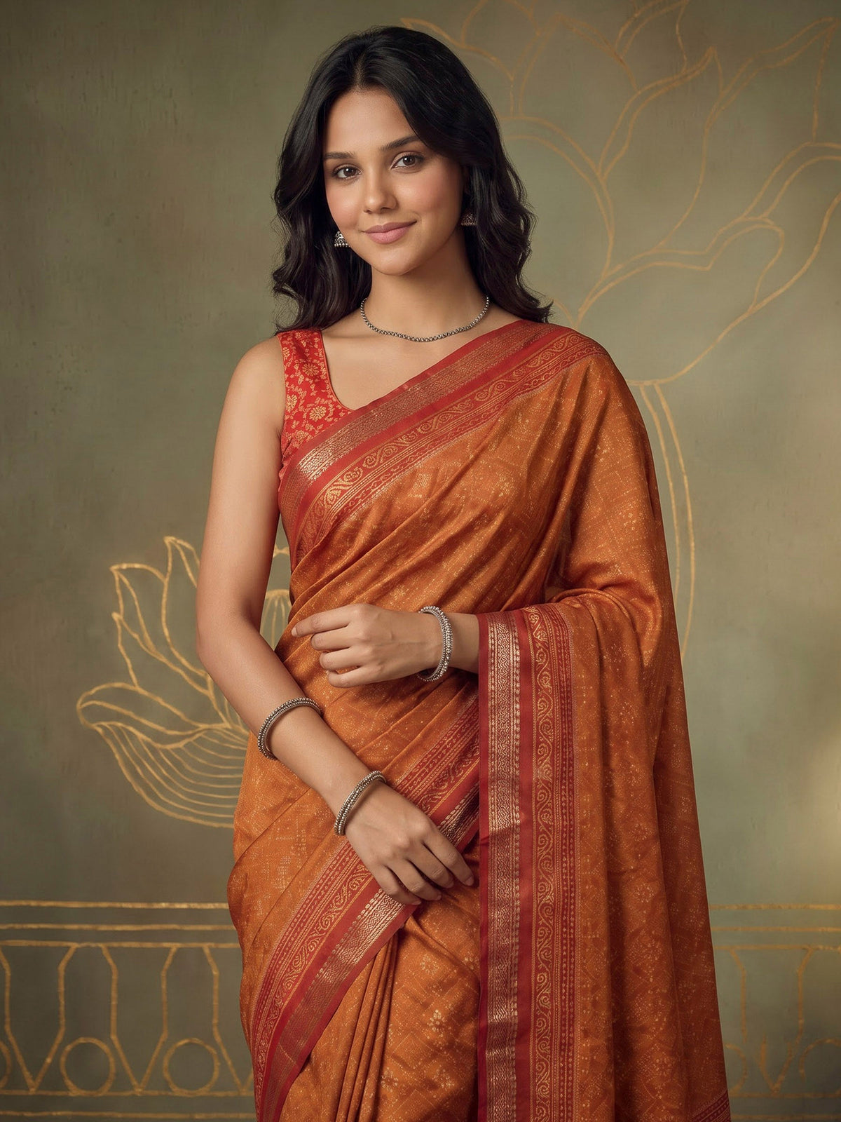 Rust Cotton Blend Printed Saree