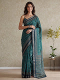 Teal Blue Cotton Blend Printed Saree