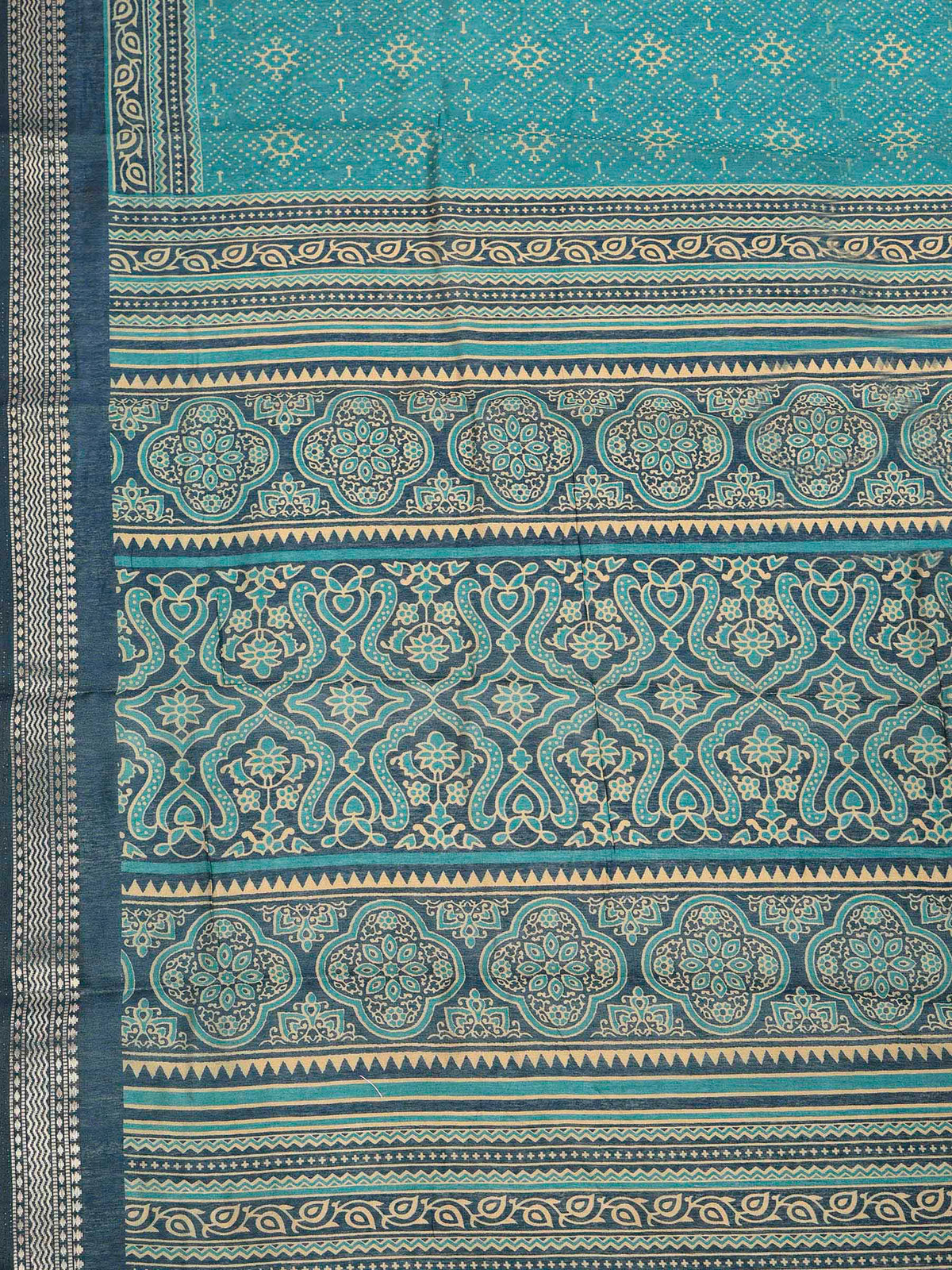 Teal Blue Cotton Blend Printed Saree